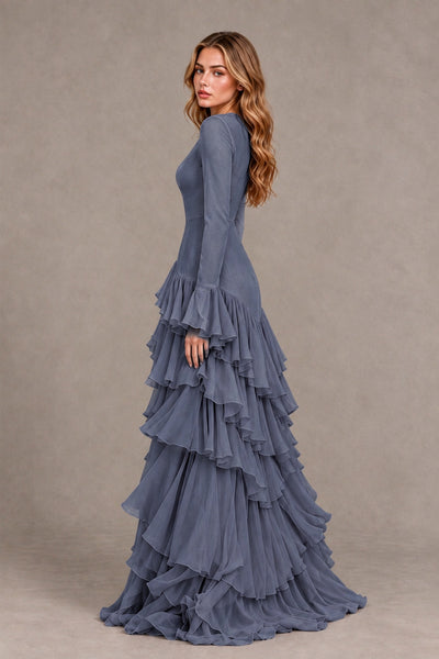 Stormy Blue Long Sleeve Tiered Ruffle Evening Gown - Stormy Blue - Stormy Blue_2