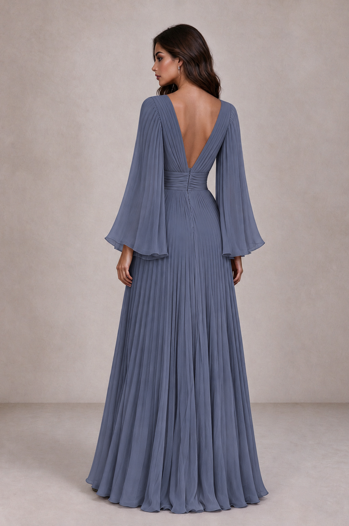 BOLODOO Stormy Blue Pleated Deep V-Neck Long Bell Sleeve Evening Dress - Stormy Blue - Stormy_Blue_2