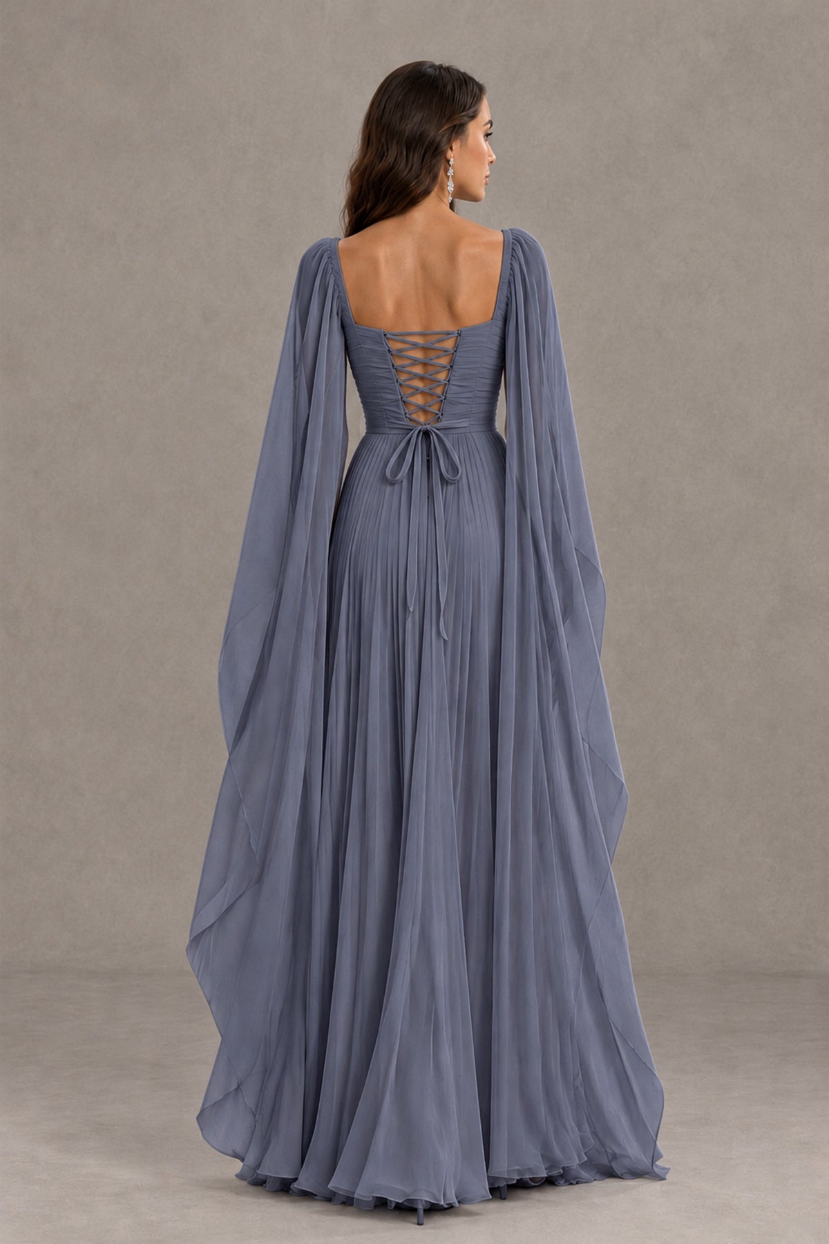 BOLODOO Stormy Blue Square Neck Cape Sleeve A-Line Evening Dress - Stormy Blue - Stormy_Blue_2