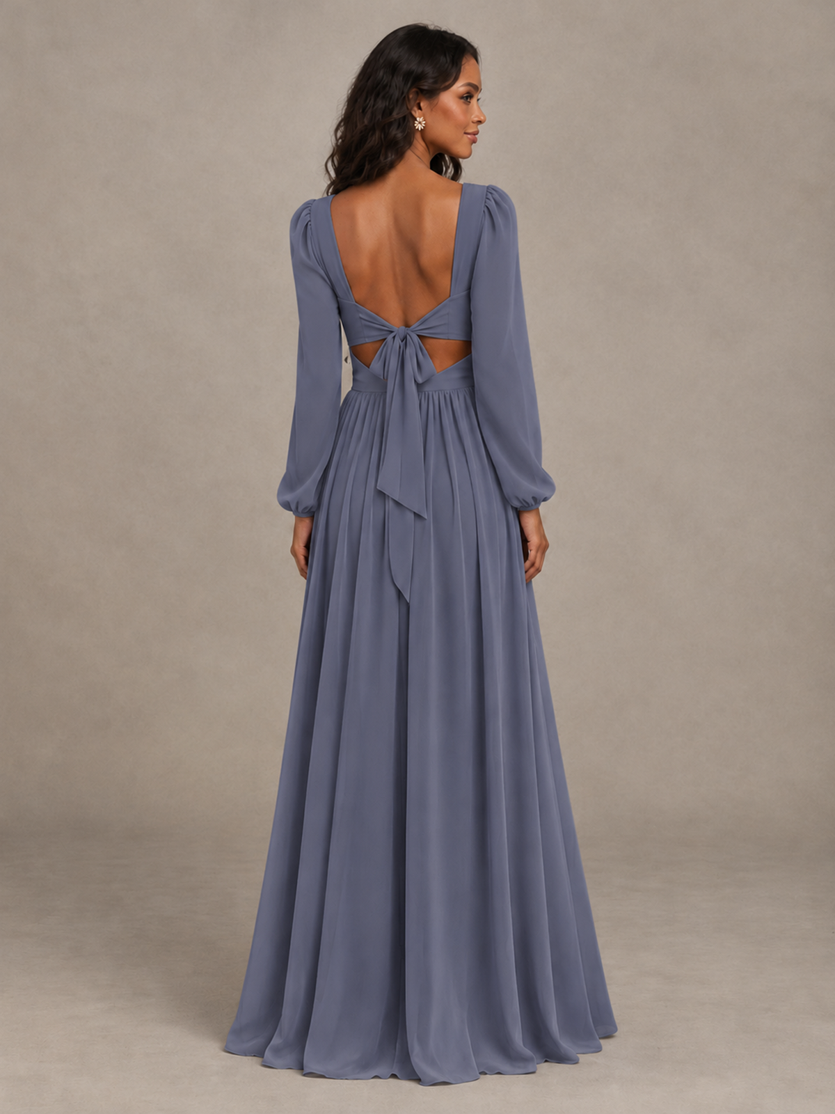 BOLODOO Stormy Blue V-Neck Long Sleeve Bridesmaid Dress with Tie Back and Slit - Stormy Blue - Stormy Blue_2