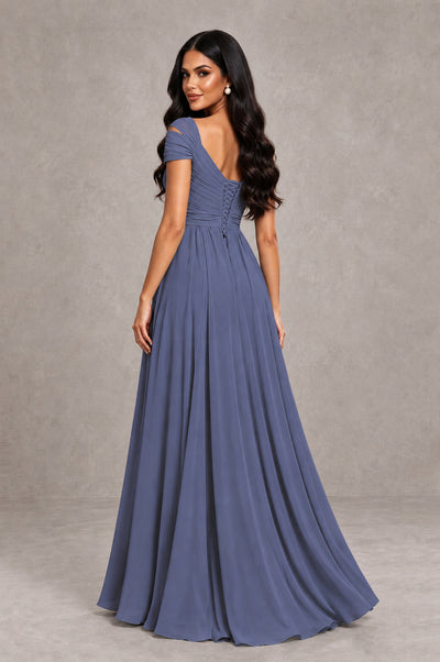 BOLODOO Stormy Blue Cold Shoulder Chiffon Evening Dress with V Neck and High Slit - Stormy Blue - Stormy Blue_2