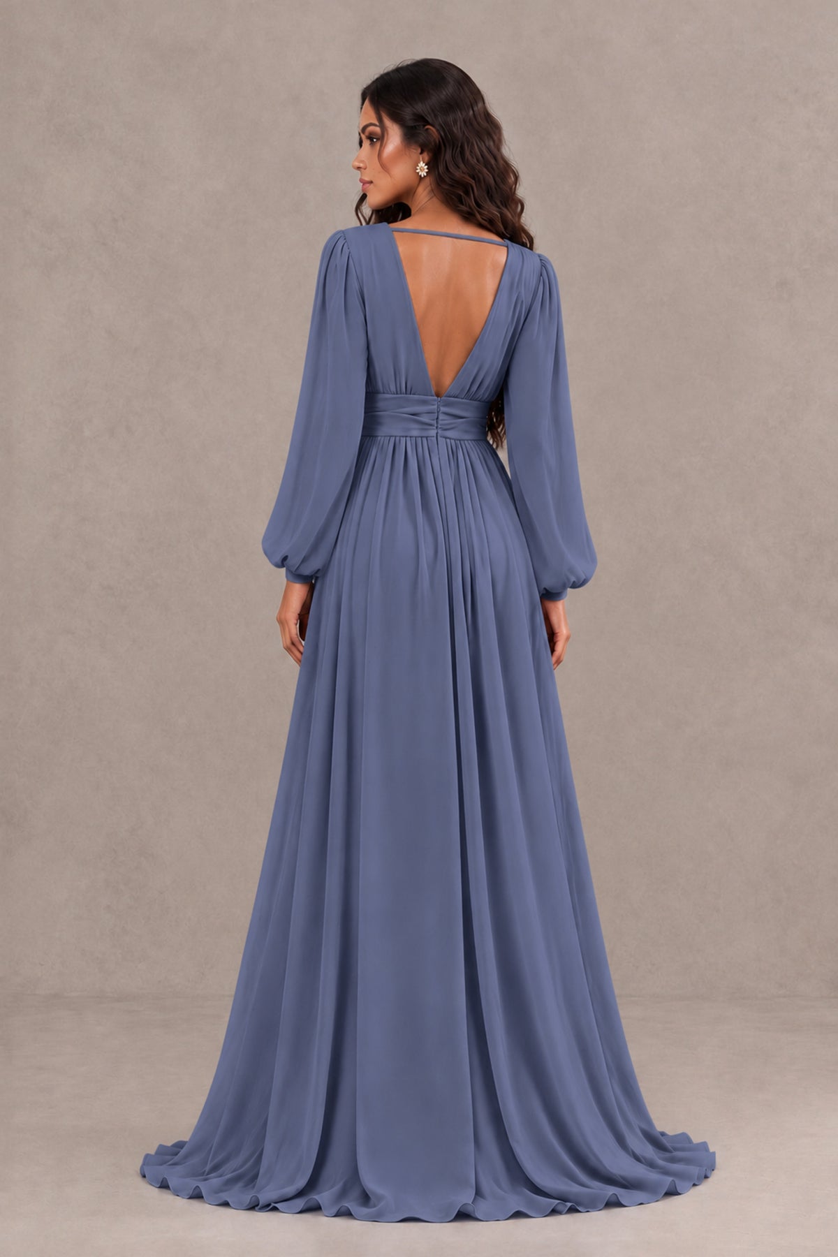 BOLODOO Stormy Blue Long Sleeve V-Neck A-Line Gown with Open Back & Slit - Stormy Blue - Stormy Blue_2