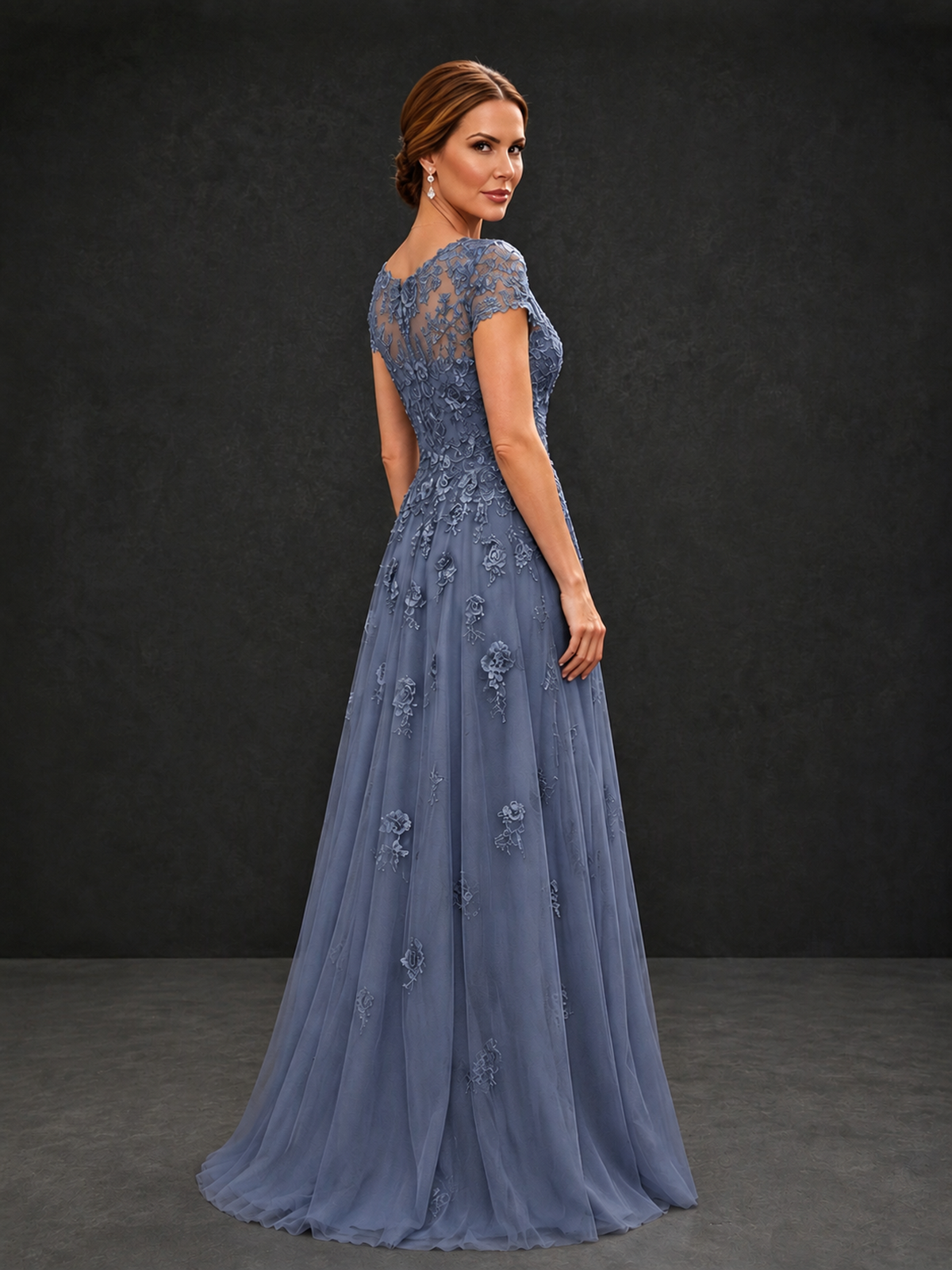 BOLODOO Stormy Blue Cap Sleeve Lace Appliqué A-Line Formal Gown | Mother of the Bride Dress - Stormy Blue - Stormy Blue_2
