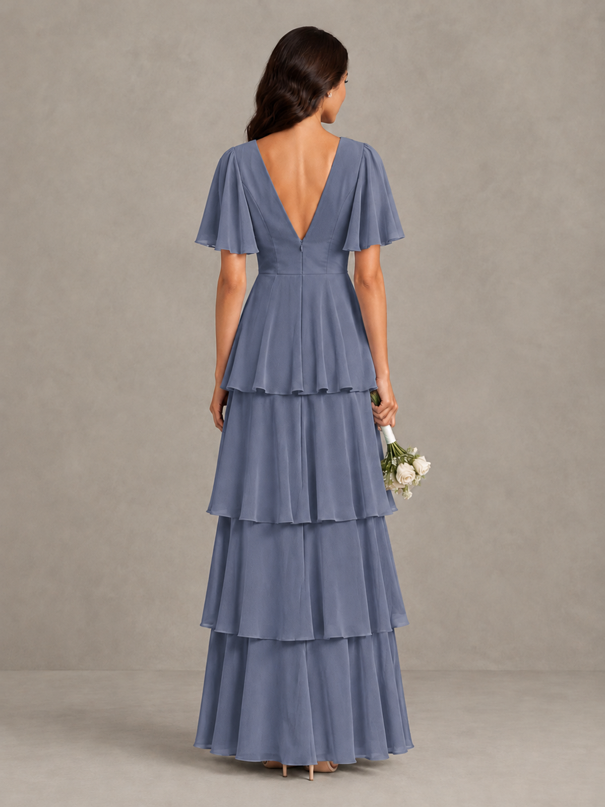 BOLODOO Stormy Blue Tiered Flutter Sleeve Bridesmaid Dress - Stormy Blue - Stormy Blue_2