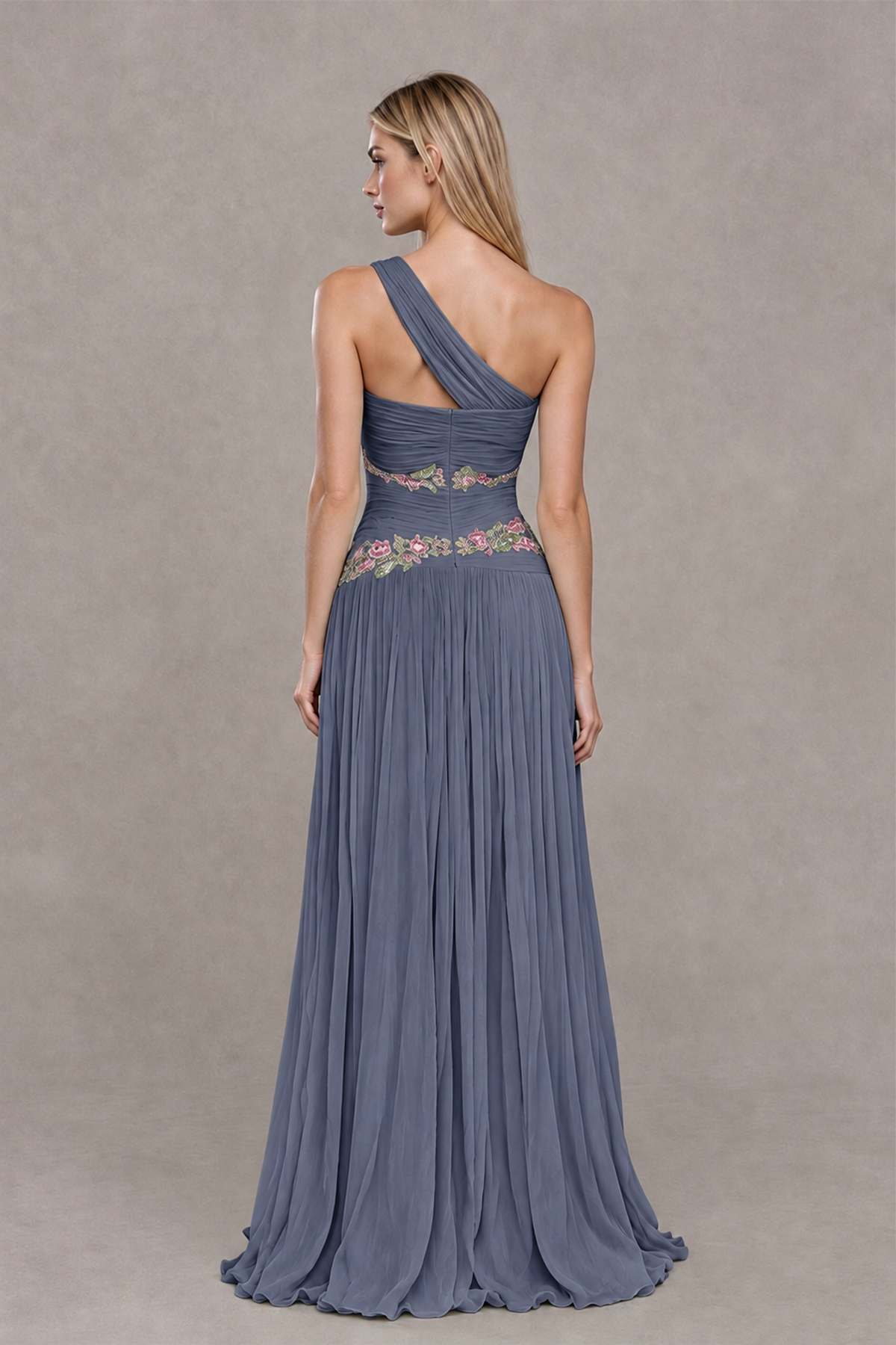 BOLODOO Stormy Blue One-Shoulder Floral Applique A-Line Evening Dress - Stormy Blue - Stormy Blue_2