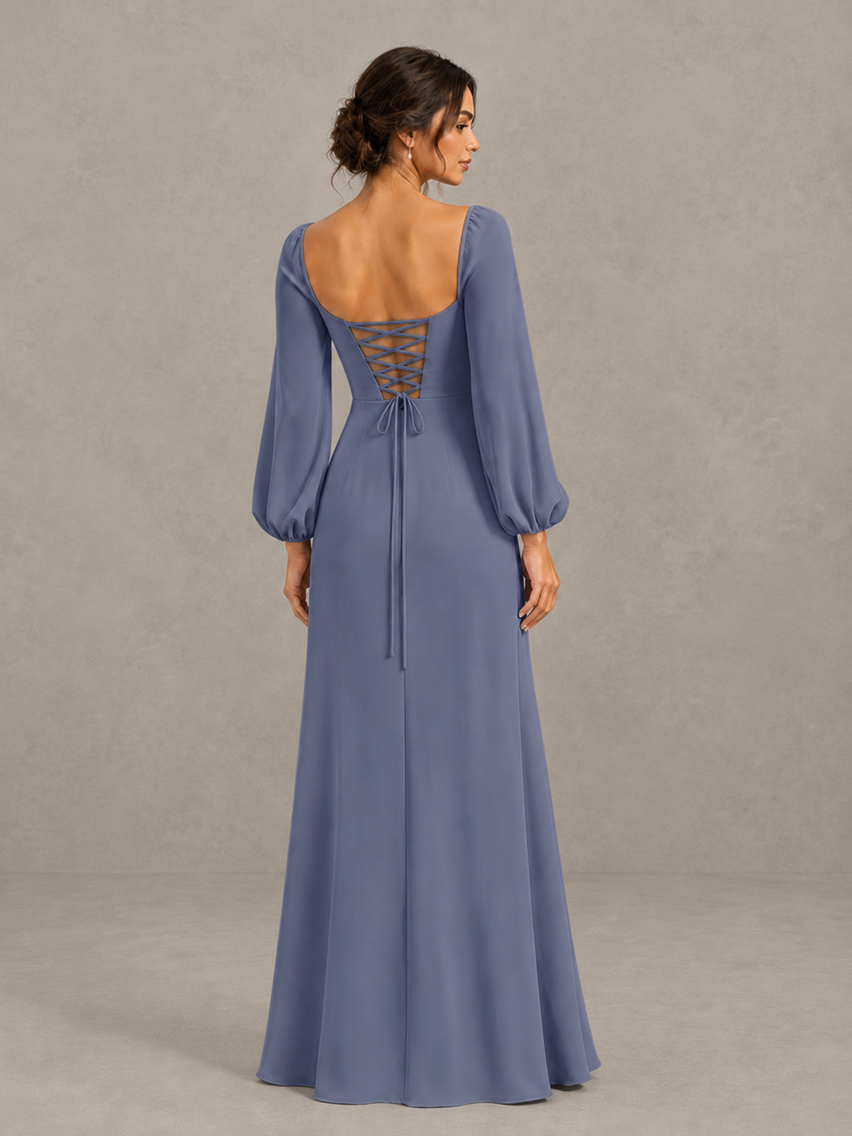 BOLODOO Stormy Blue Square Neck Long Sleeve Bridesmaid Dress with High Slit - Stormy Blue - Stormy Blue_2