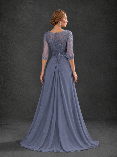 BOLODOO Stormy Blue Sweetheart Neck 3/4 Sleeve Floral Lace Illusion Bodice Chiffon A-Line Gown - Stormy Blue - Stormy Blue_2