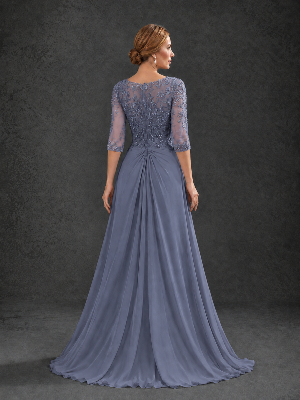 BOLODOO Stormy Blue Sweetheart Neck 3/4 Sleeve Floral Lace Illusion Bodice Chiffon A-Line Gown - Stormy Blue - Stormy Blue_2