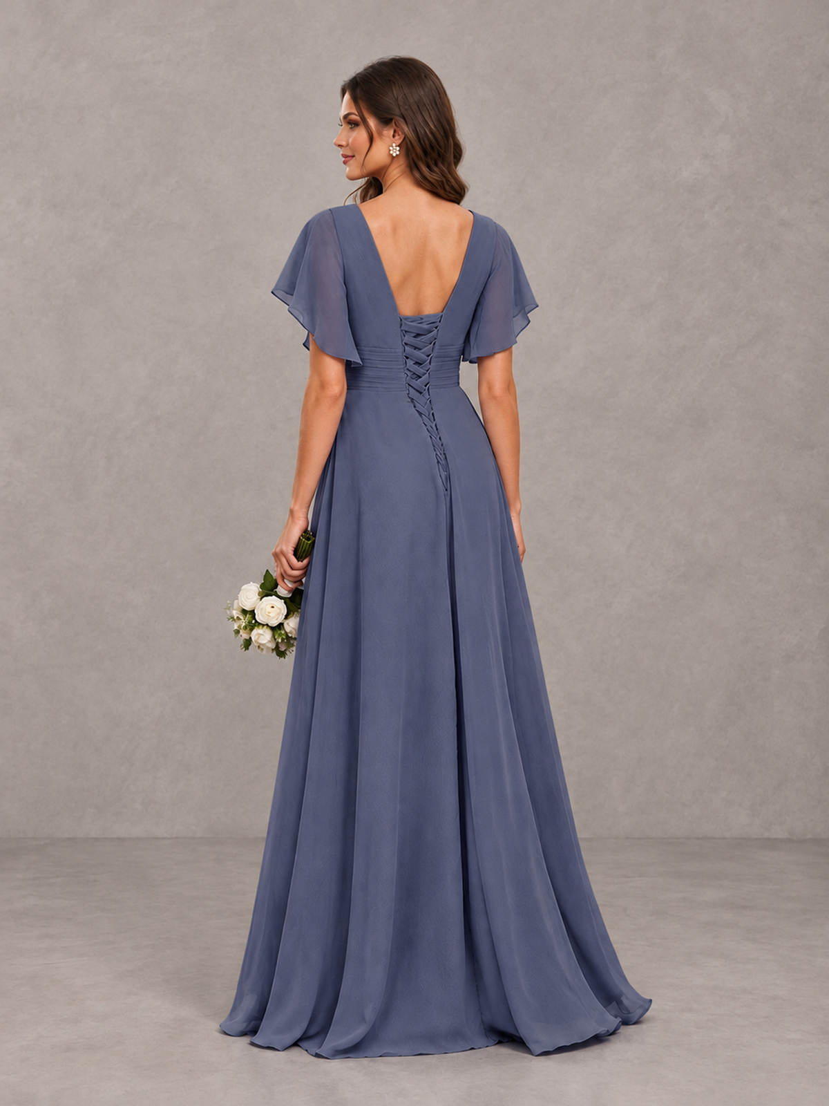 BOLODOO Stormy Blue Flutter Sleeve V-Neck Bridesmaid Dress with Ruffle Slit - Stormy Blue - Stormy Blue_2