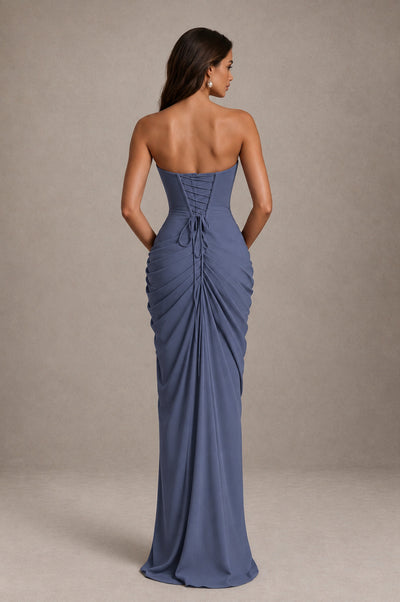 BOLODOO Strapless Draped Maxi Dress - Stormy Blue Backless Evening Gown with High Slit - Stormy Blue - Stormy Blue_2