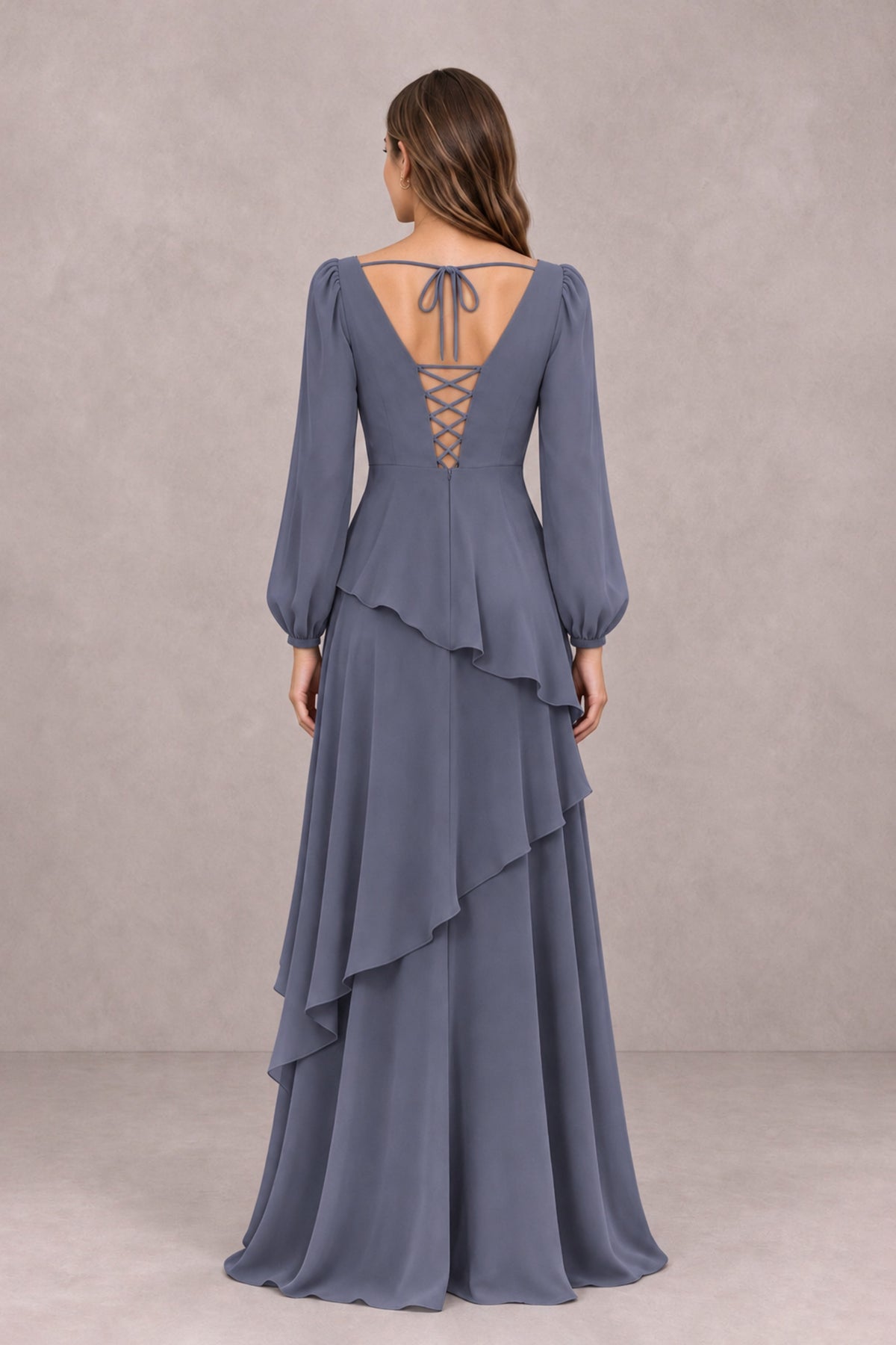 BOLODOO Stormy Blue Long Sleeve Ruffle Bridesmaid Dresses - Stormy Blue - Stormy Blue_2