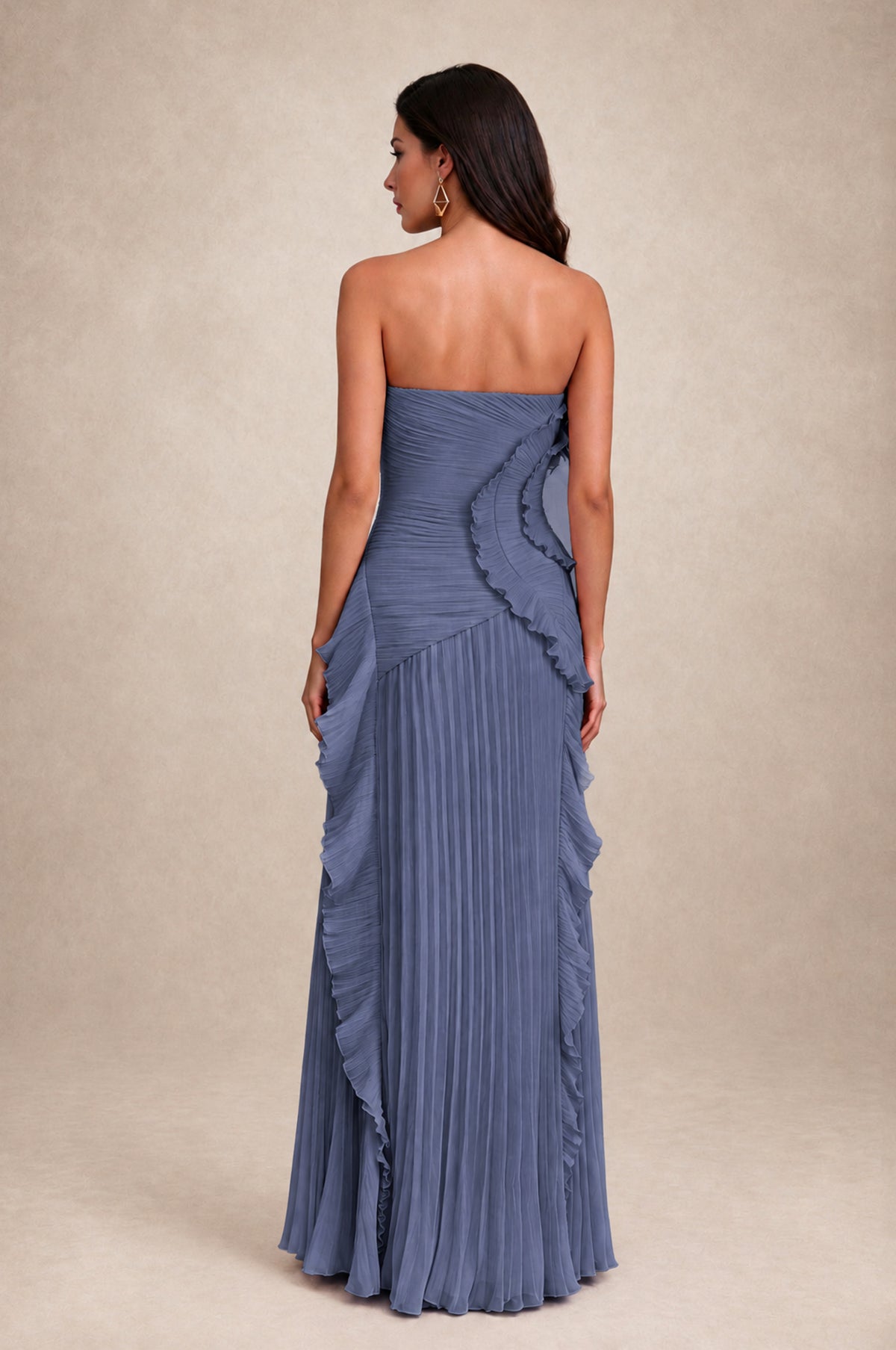 BOLODOO Stormy Blue Strapless Ruffle Pleated Slit Evening Gown - Stormy Blue - Stormy Blue_2