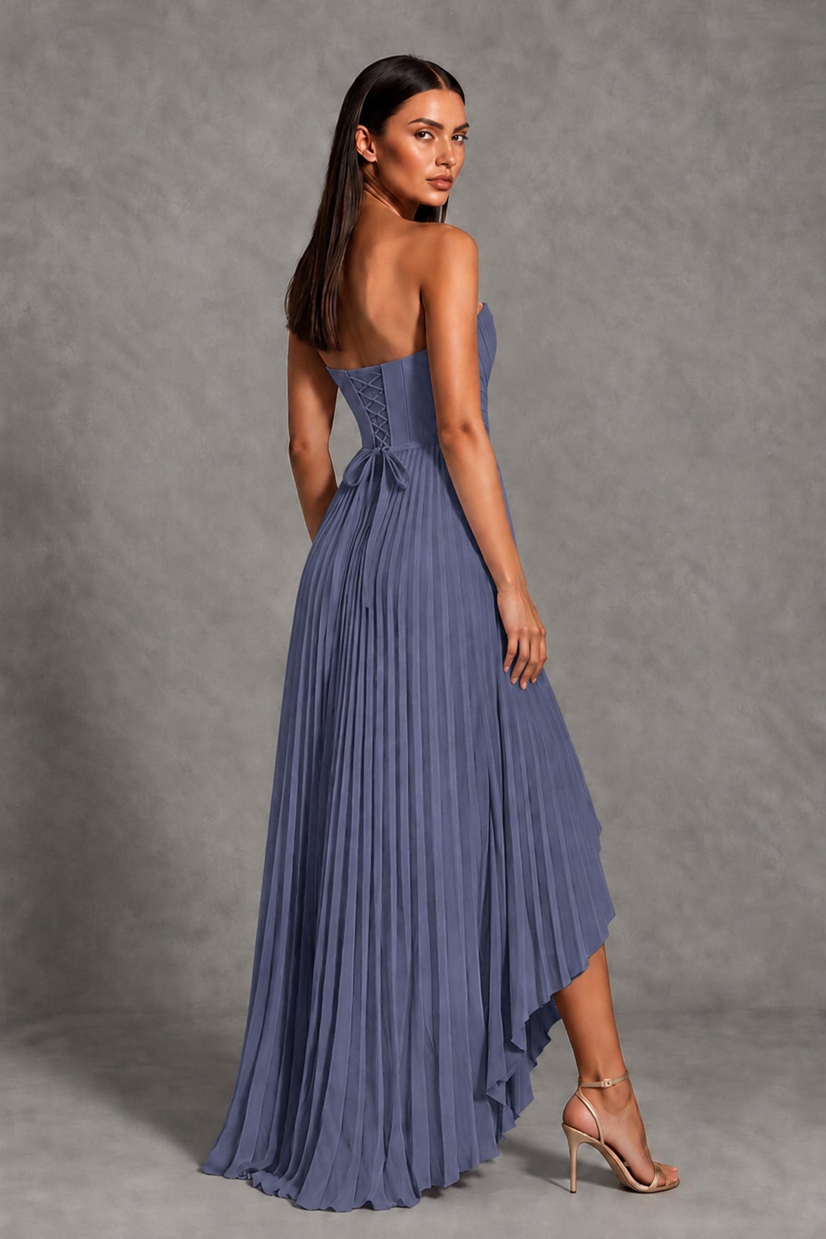 Stormy Blue Strapless Pleated High-Low Evening Gown with Ruffle Hem - Stormy Blue - Stormy_Blue_2