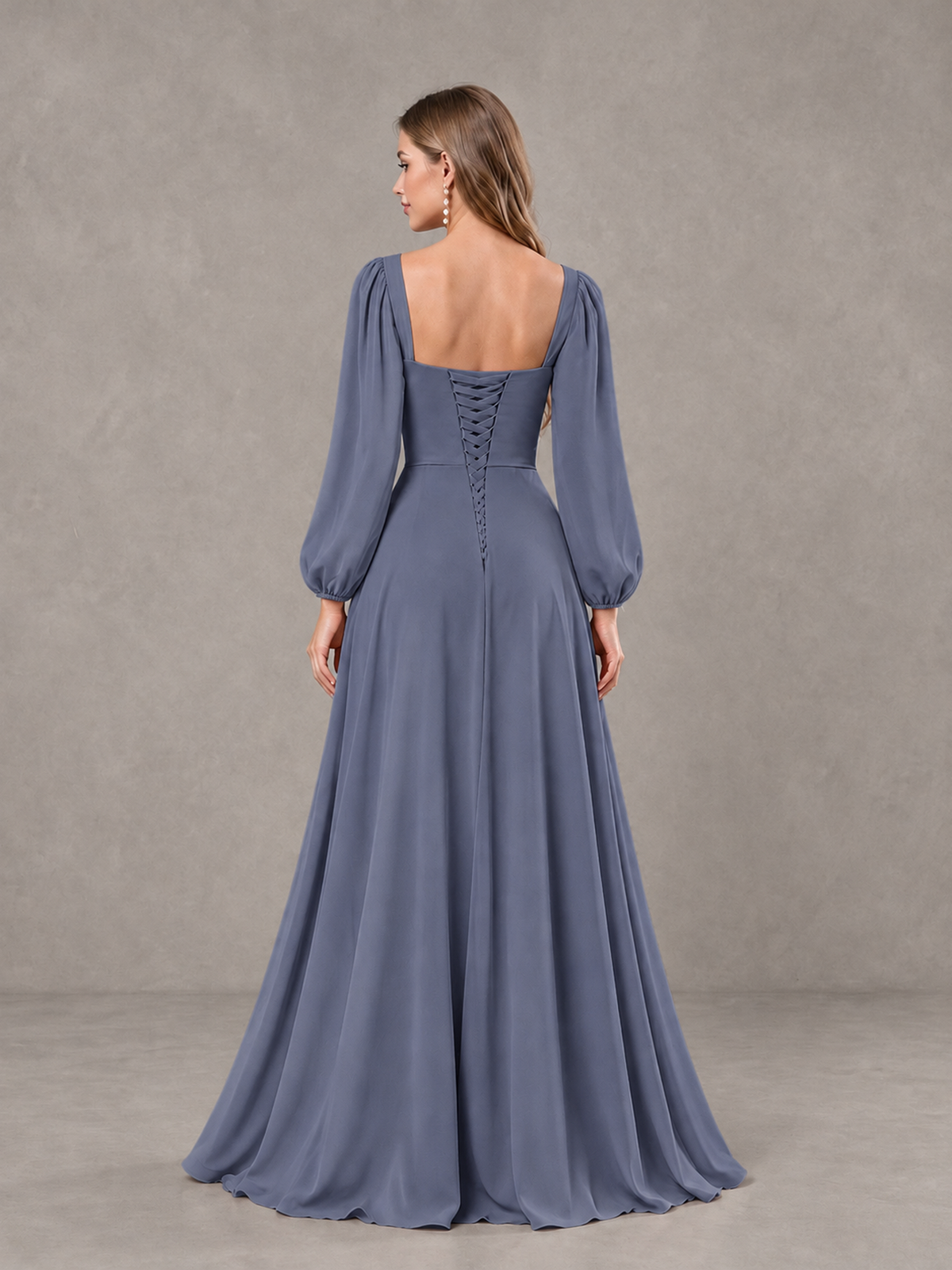 BOLODOO Stormy Blue Square Neck Long Sleeve Bridesmaid Dress with Ruffle Slit - Stormy Blue - Stormy Blue_2