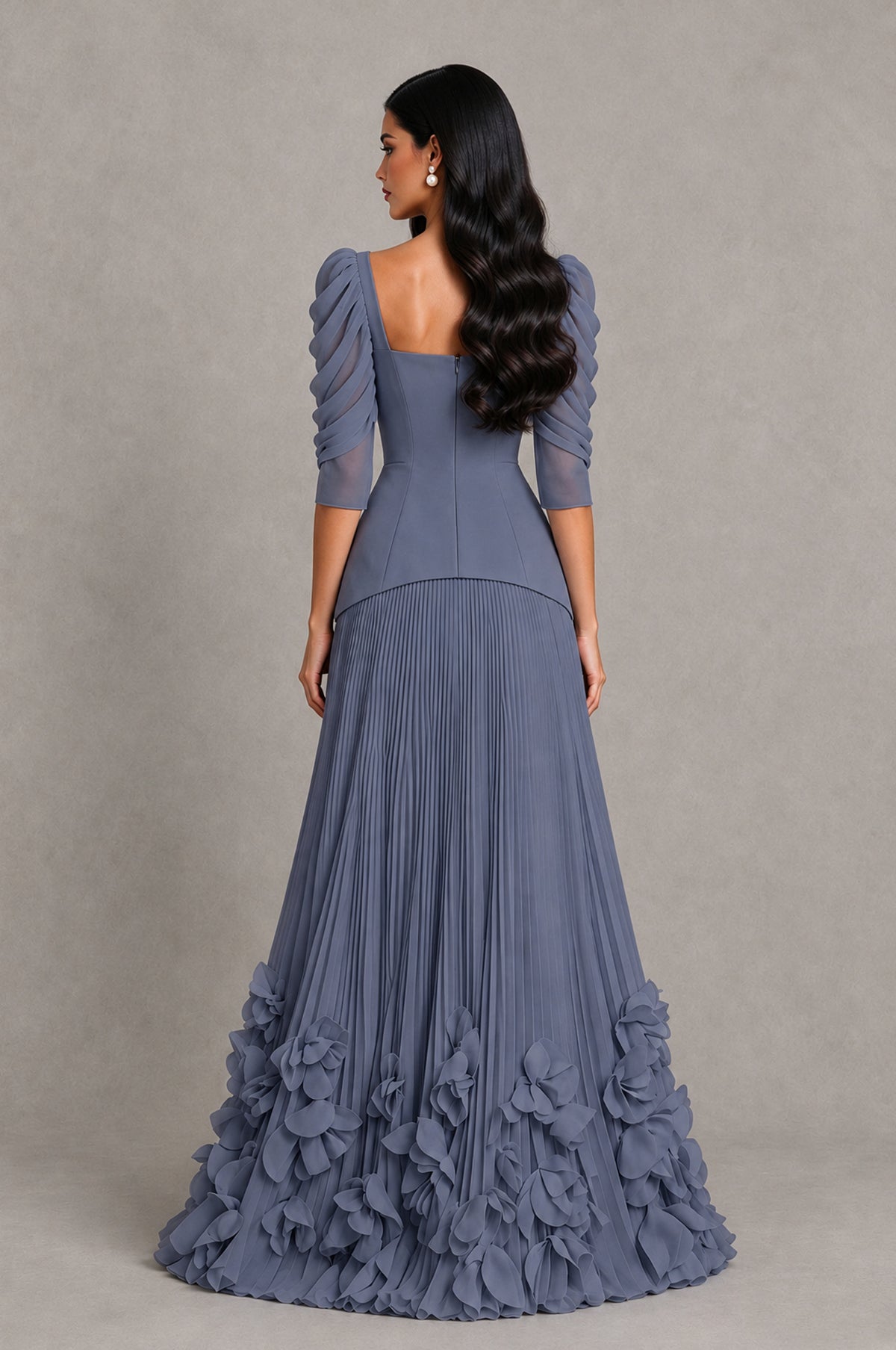 BOLODOO Stormy Blue Square Neck Pleated Floral Applique Evening Dress - Stormy Blue - Stormy Blue_2