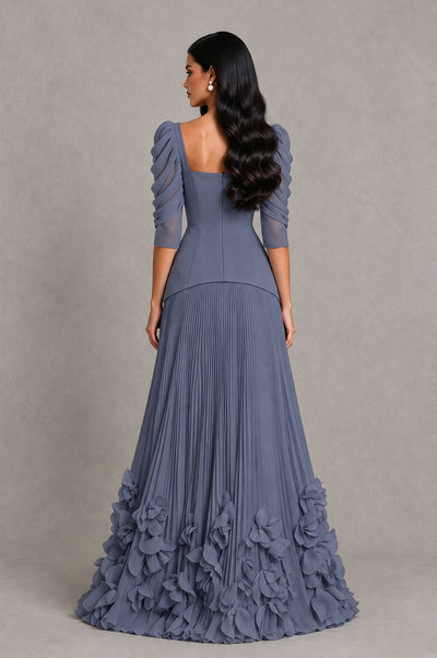 BOLODOO Stormy Blue Square Neck Pleated Floral Applique Evening Dress - Stormy Blue - Stormy Blue_2
