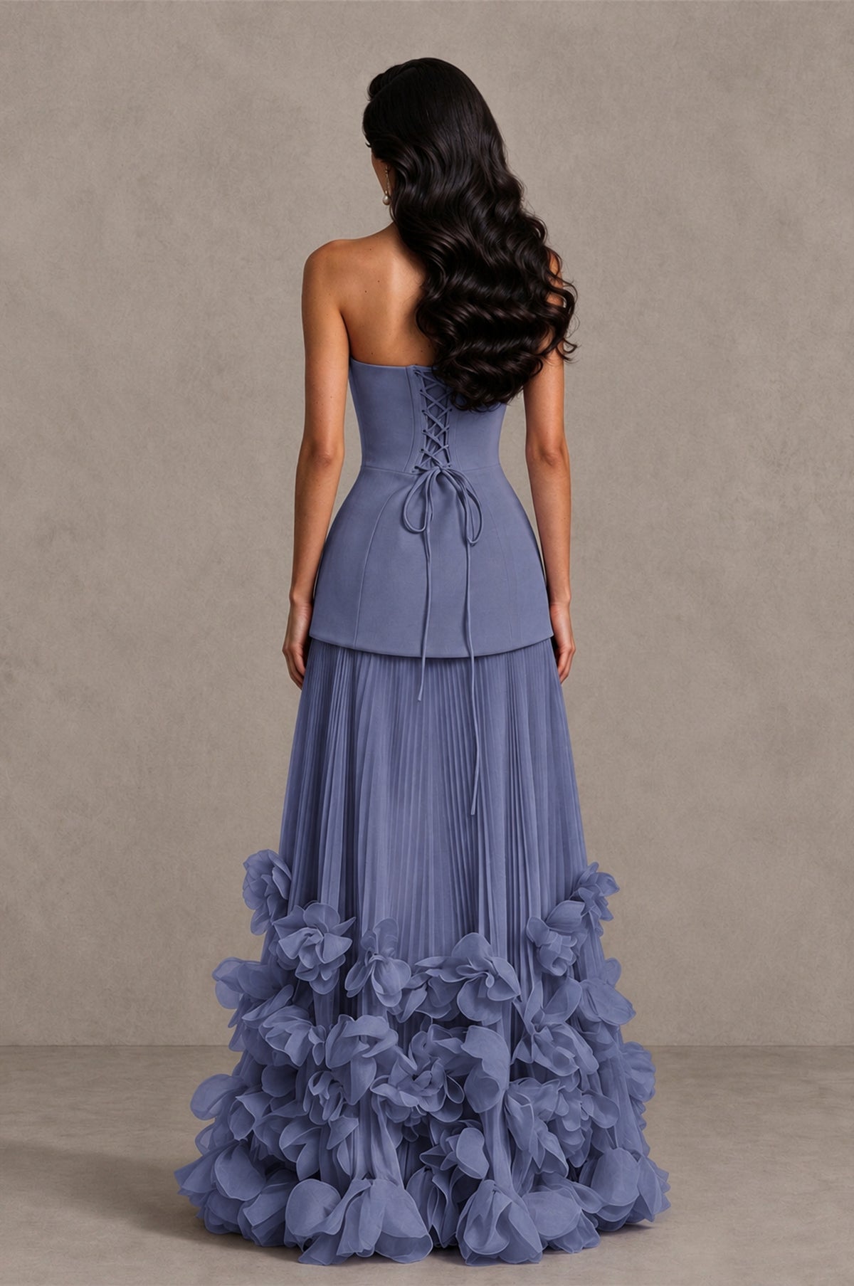 BOLODOO Stormy Blue Strapless Pleated Floral Hem Evening Gown - Stormy Blue - Stormy Blue_2