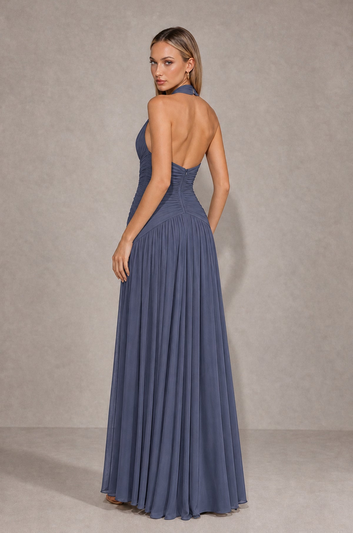 BOLODOO Stormy Blue Chiffon Halter Deep V-Neck Ruched A-Line Backless Maxi Dress with Train-BD0167 - Stormy Blue - Stormy Blue_2