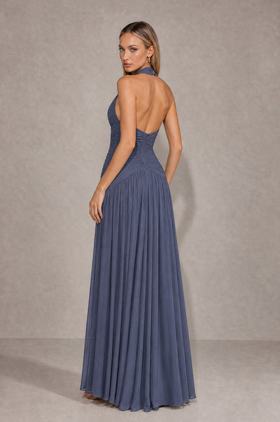 BOLODOO Stormy Blue Chiffon Halter Deep V-Neck Ruched A-Line Backless Maxi Dress with Train-BD0167 - Stormy Blue - Stormy Blue_2