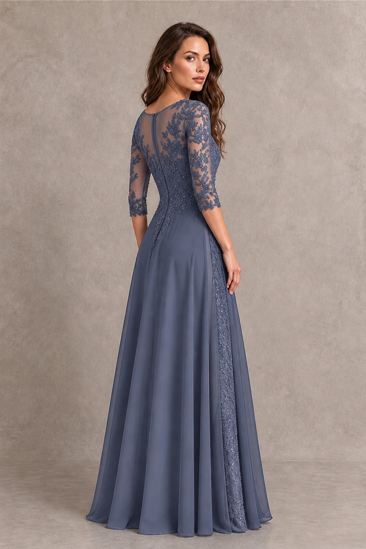BOLODOO Midnight Stormy Blue Beaded Lace Appliqué Chiffon A-Line Gown | Mother of the Bride & Formal Evening Dress - Stormy Blue - Stormy Blue_2