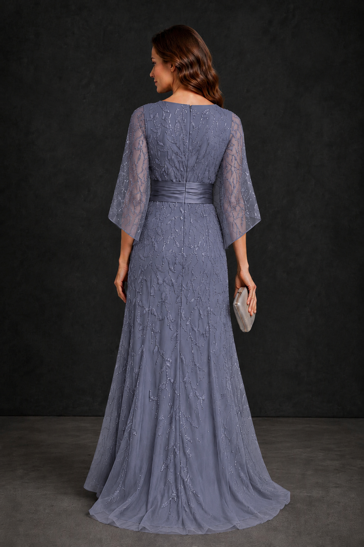 BOLODOO Stormy Blue Bateau Neck Bell Sleeve Sequin Embroidered Satin Waist A-Line Maxi Dress - Stormy Blue - Stormy_Blue_2