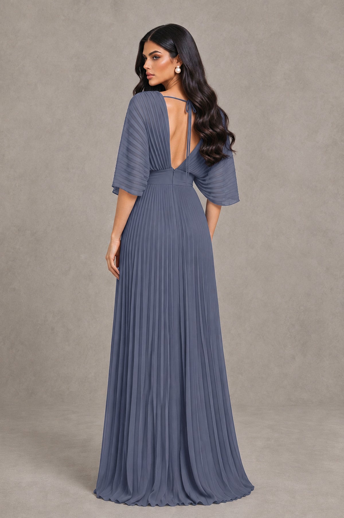 BOLODOO Stormy Blue V-Neck Pleated Flutter Sleeve Formal Dress - Stormy Blue - Stormy Blue_2
