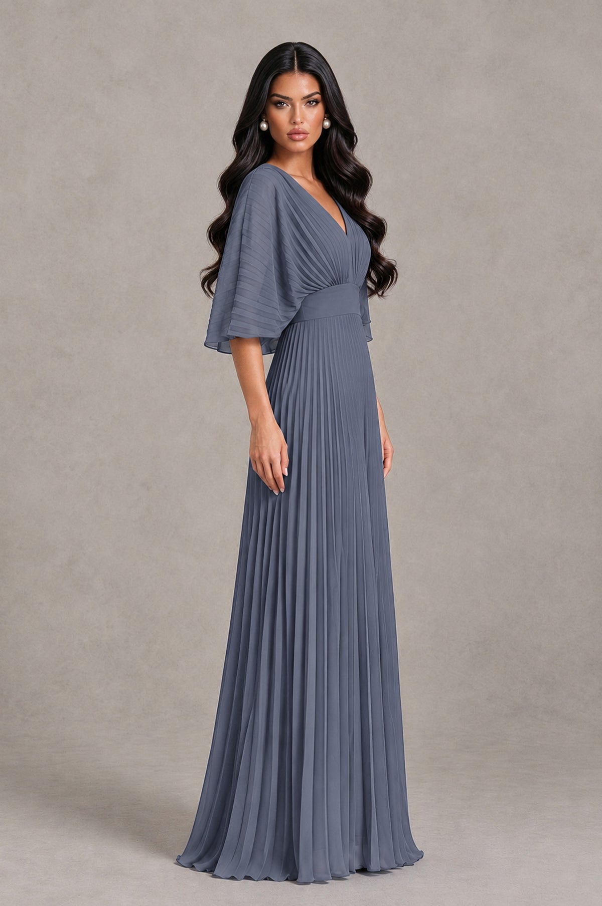 BOLODOO Stormy Blue V-Neck Pleated Flutter Sleeve Formal Dress - Stormy Blue - Stormy Blue_3
