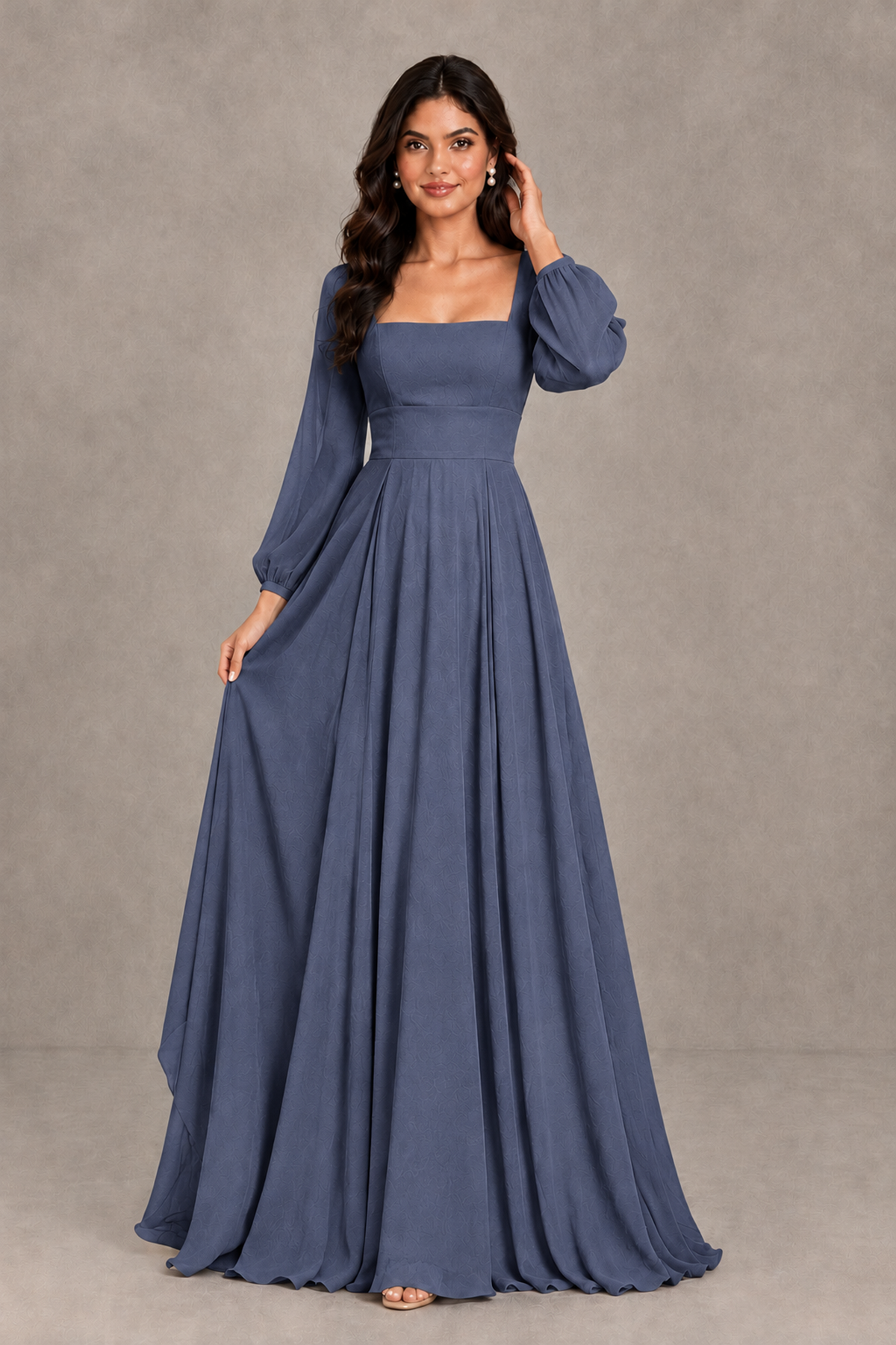 BOLODOO Stormy Blue Square Neck Long Sleeve A-Line Bridesmaid Dress - Stormy Blue - Stormy Blue_3