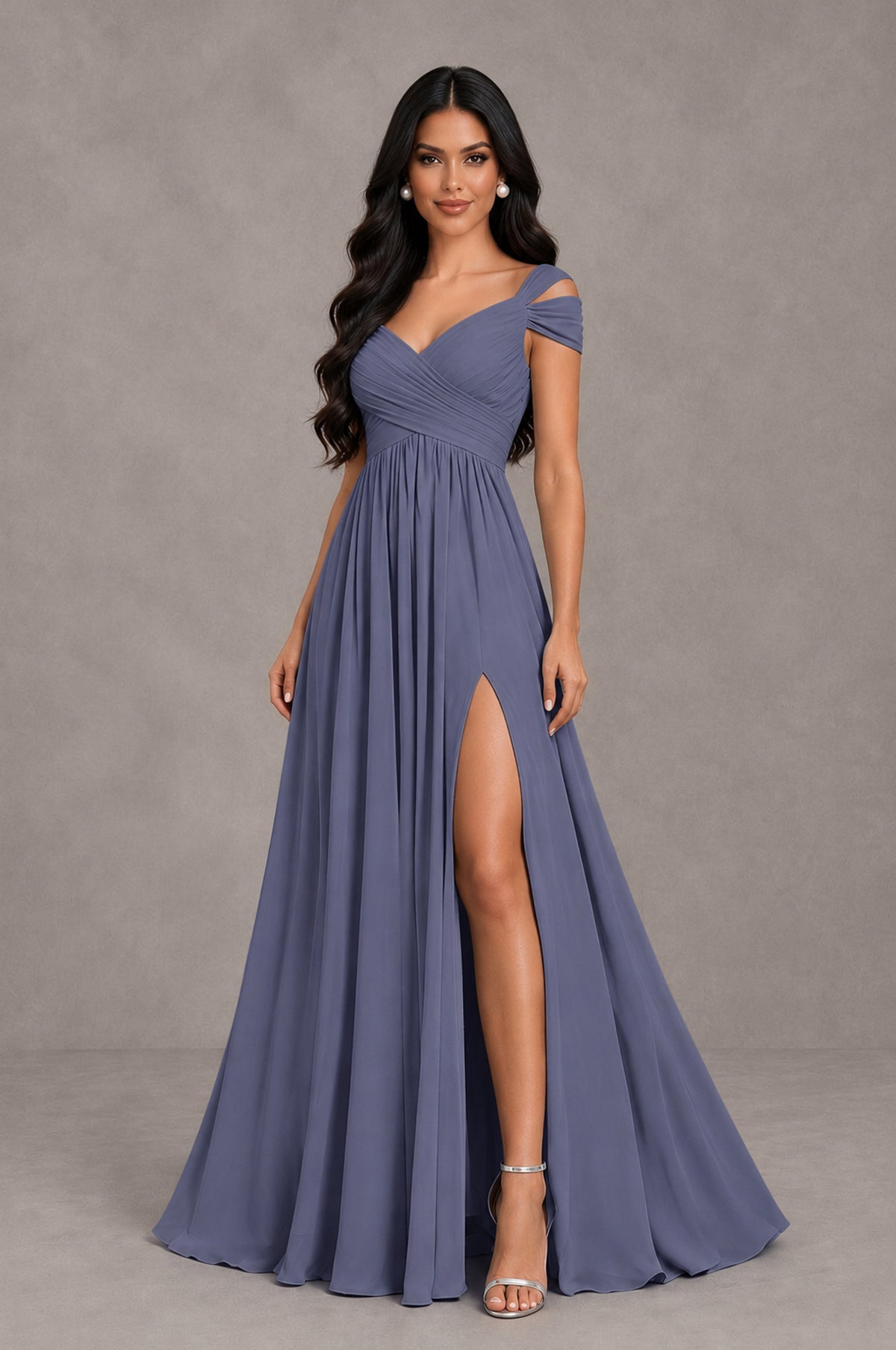 BOLODOO Stormy Blue Cold Shoulder Chiffon Evening Dress with V Neck and High Slit - Stormy Blue - Stormy Blue_3