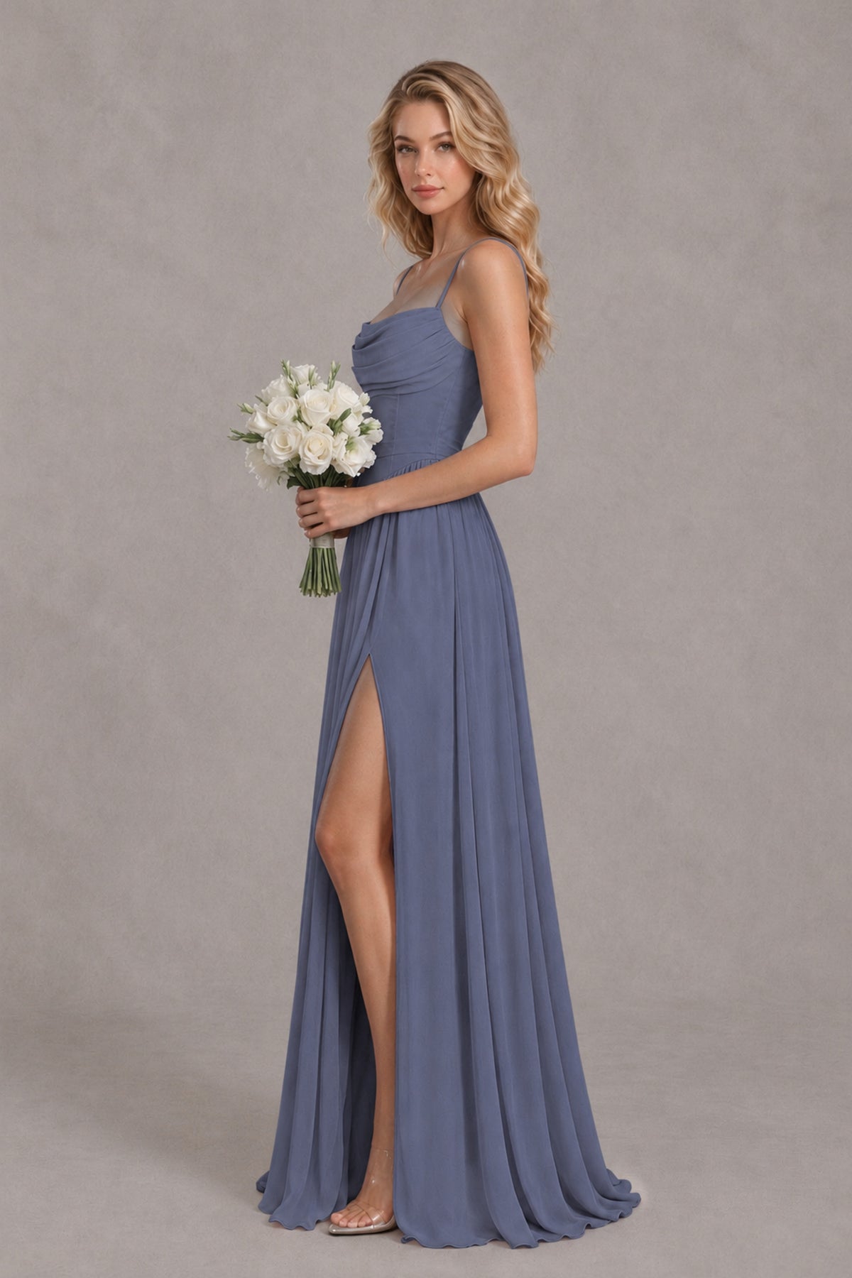 Blue Line File Stormy Blue A-Line Bridesmaid Dress with Slit | BOLODOO