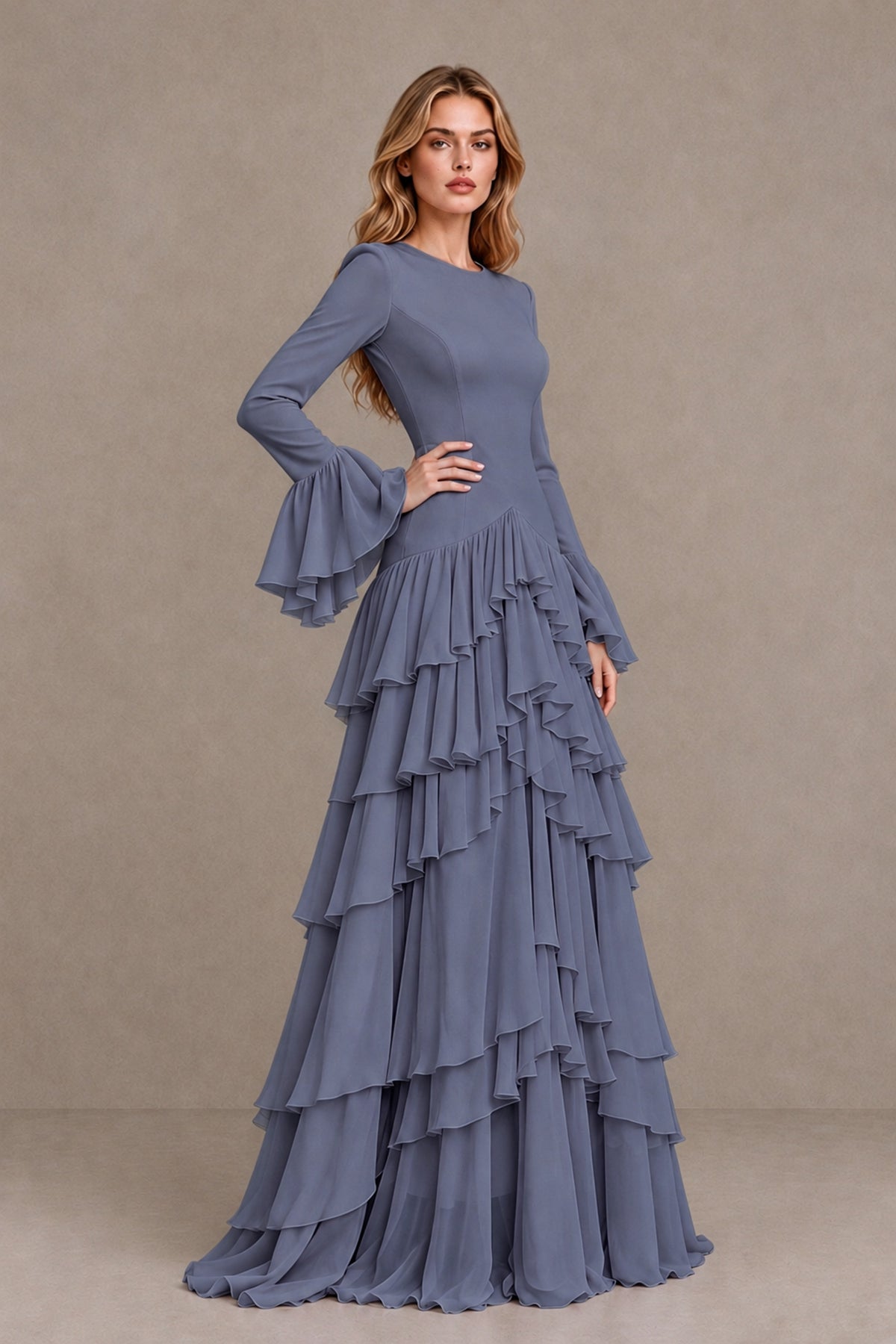 Stormy Blue Long Sleeve Tiered Ruffle Evening Gown - Stormy Blue - Stormy Blue_3