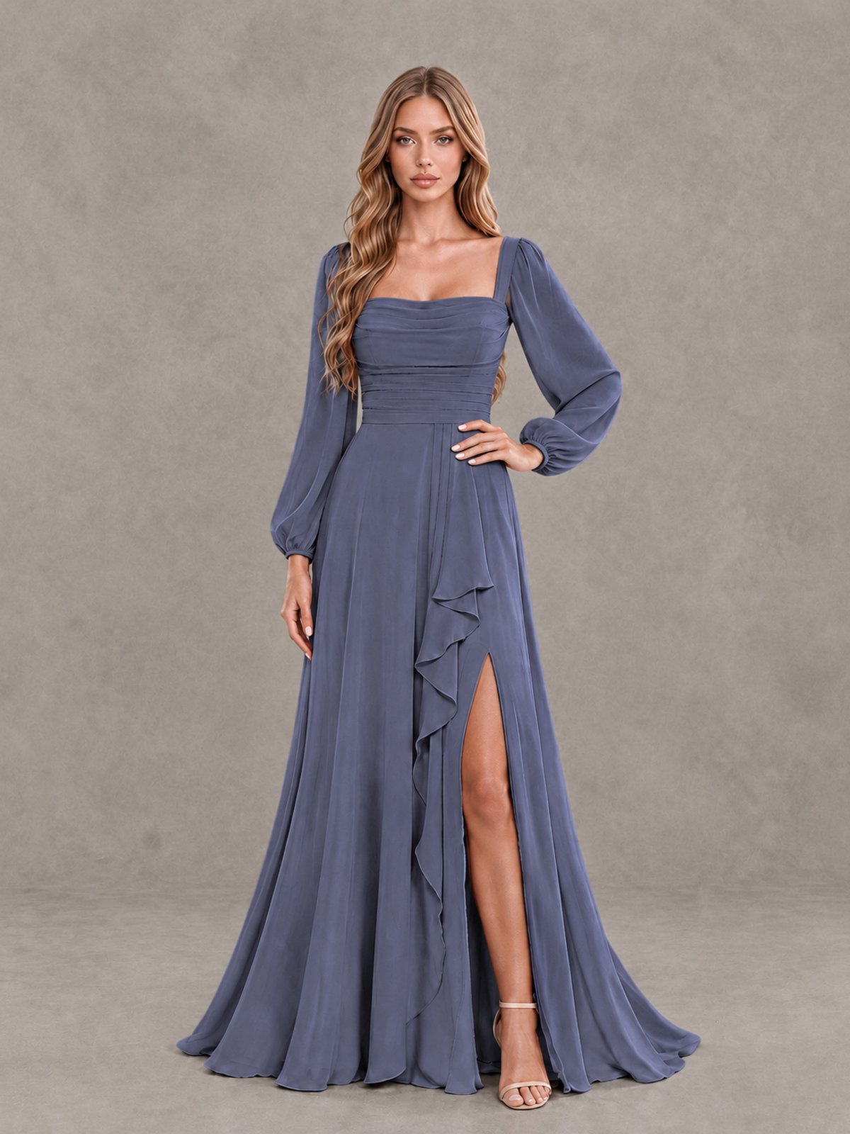 BOLODOO Stormy Blue Square Neck Long Sleeve Bridesmaid Dress with Ruffle Slit - Stormy Blue - Stormy Blue_3