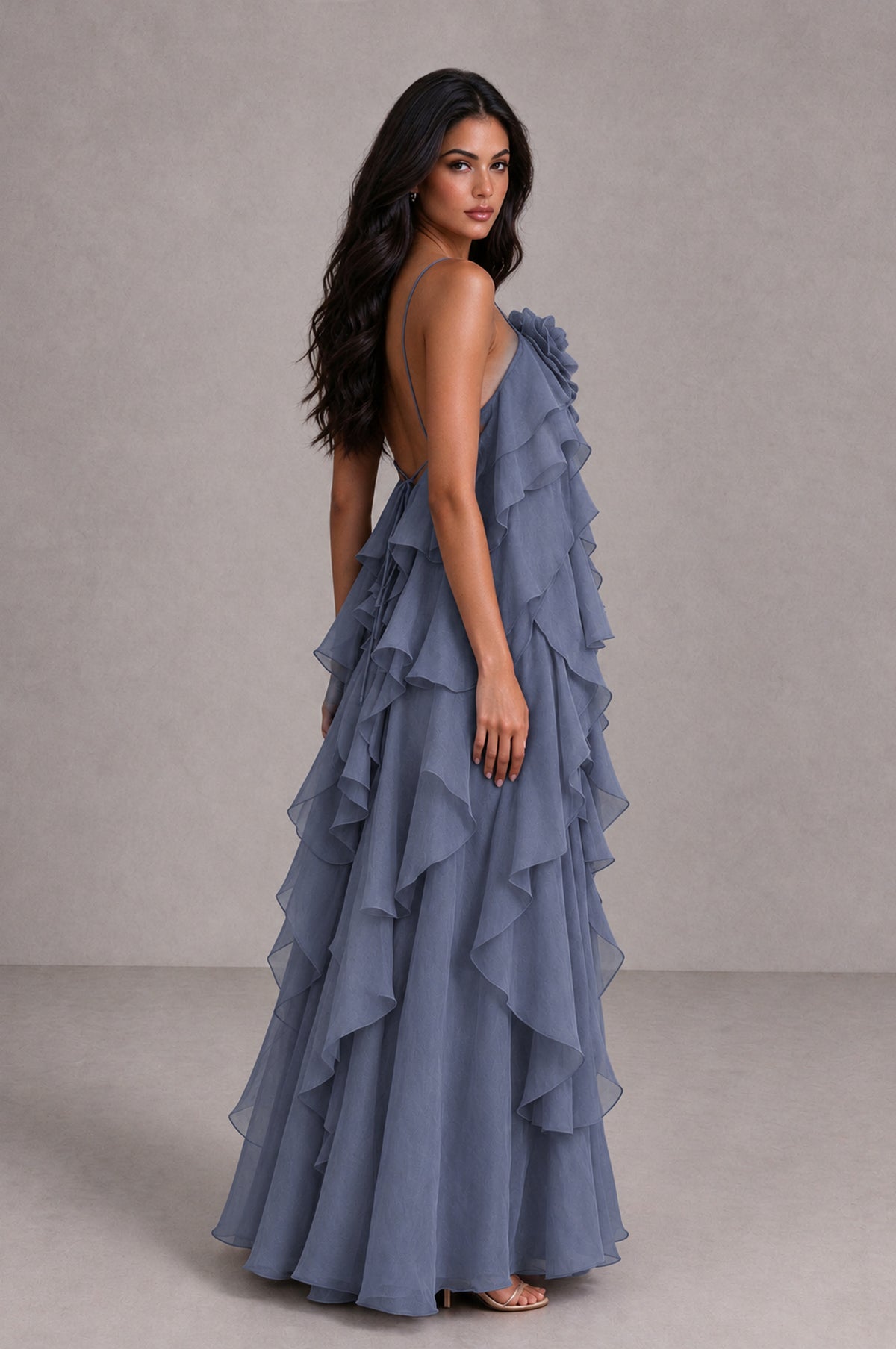 BOLODOO Stormy Blue Cascading Ruffle Rosette Open-Back Maxi Dress - Stormy Blue - Stormy Blue_3