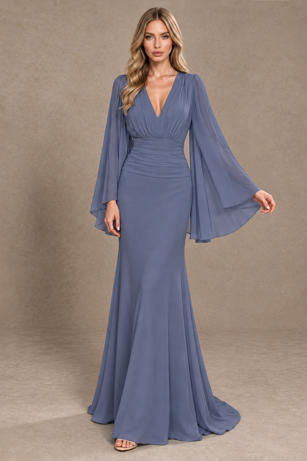 BOLODOO Stormy Blue Cape Sleeve V-Neck Ruched Chiffon Evening Dress - Stormy Blue - Stormy Blue_3