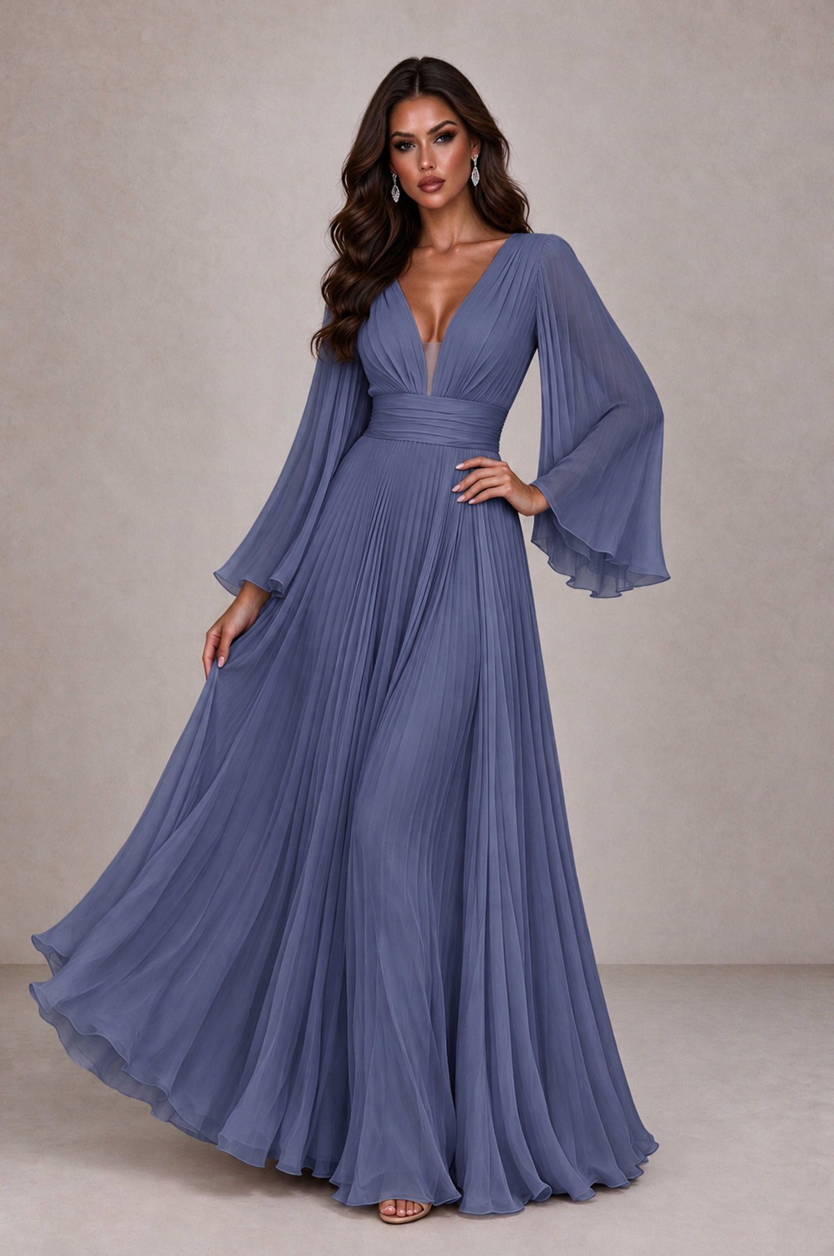BOLODOO Stormy Blue Pleated Deep V-Neck Long Bell Sleeve Evening Dress - Stormy Blue - Stormy_Blue_3
