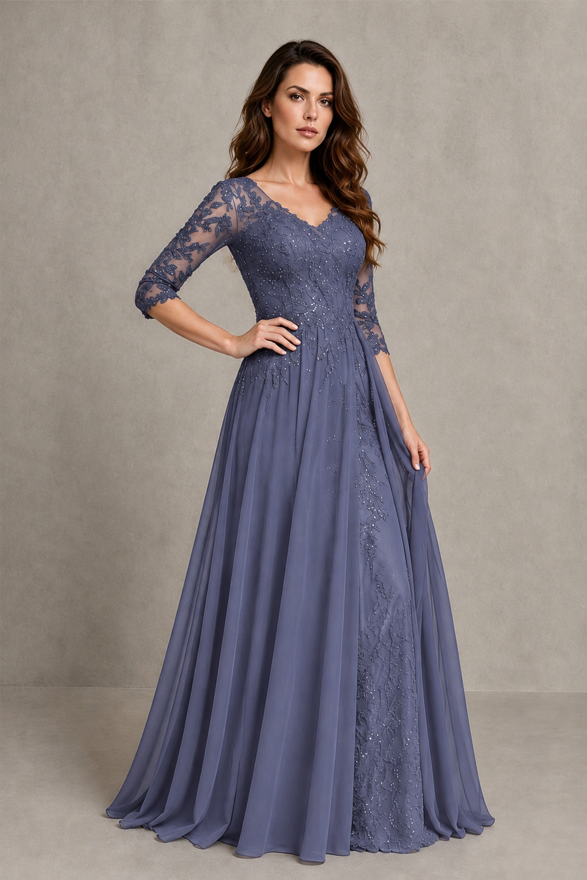 BOLODOO Midnight Stormy Blue Beaded Lace Appliqué Chiffon A-Line Gown | Mother of the Bride & Formal Evening Dress - Stormy Blue - Stormy Blue_3