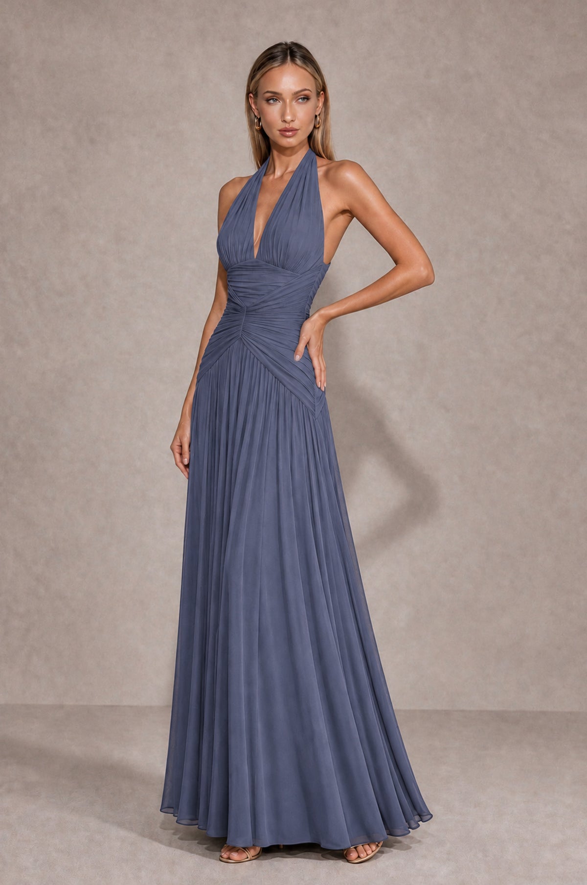 BOLODOO Stormy Blue Chiffon Halter Deep V-Neck Ruched A-Line Backless Maxi Dress with Train-BD0167 - Stormy Blue - Stormy Blue_3