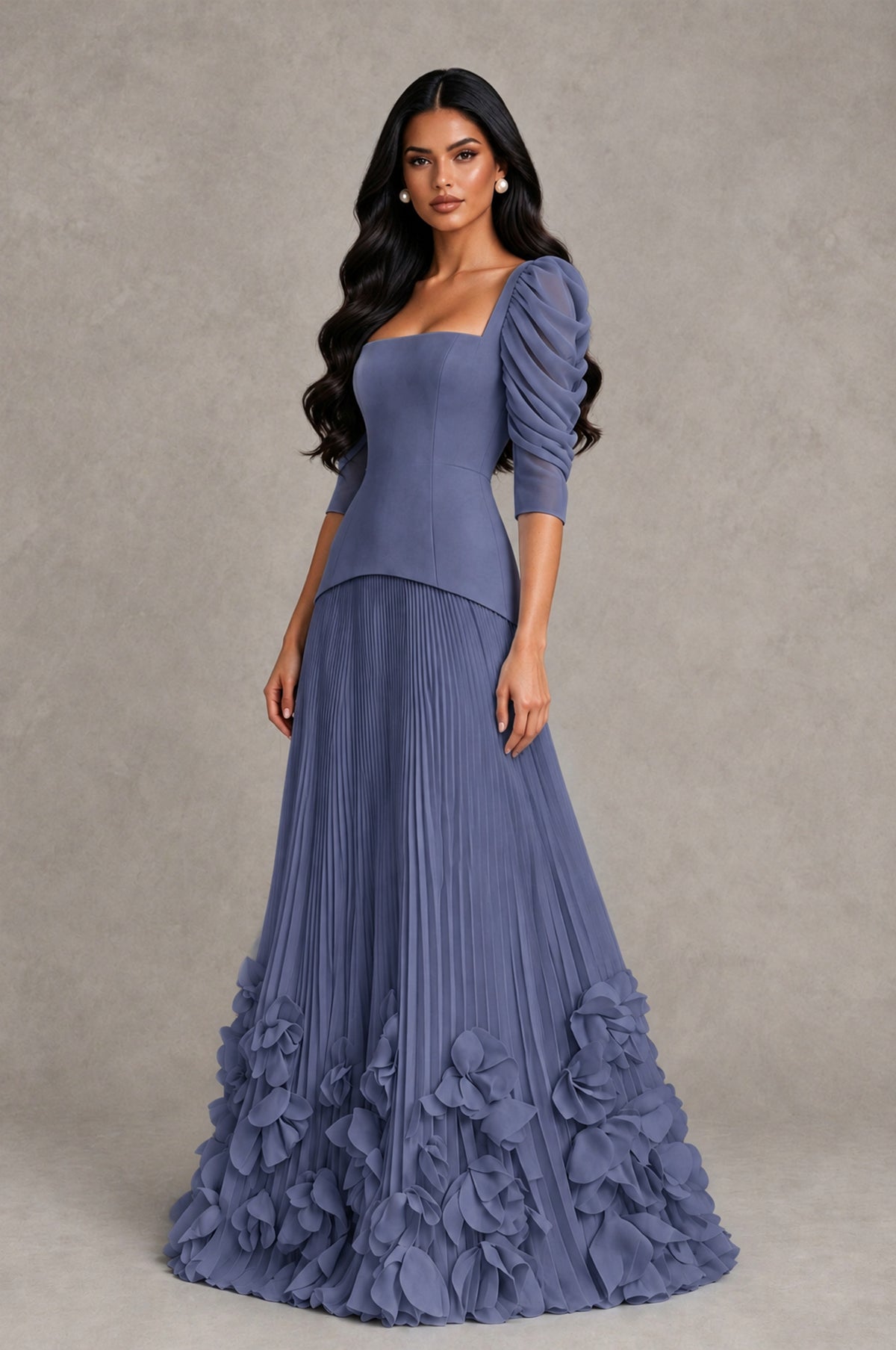 BOLODOO Stormy Blue Square Neck Pleated Floral Applique Evening Dress - Stormy Blue - Stormy Blue_3