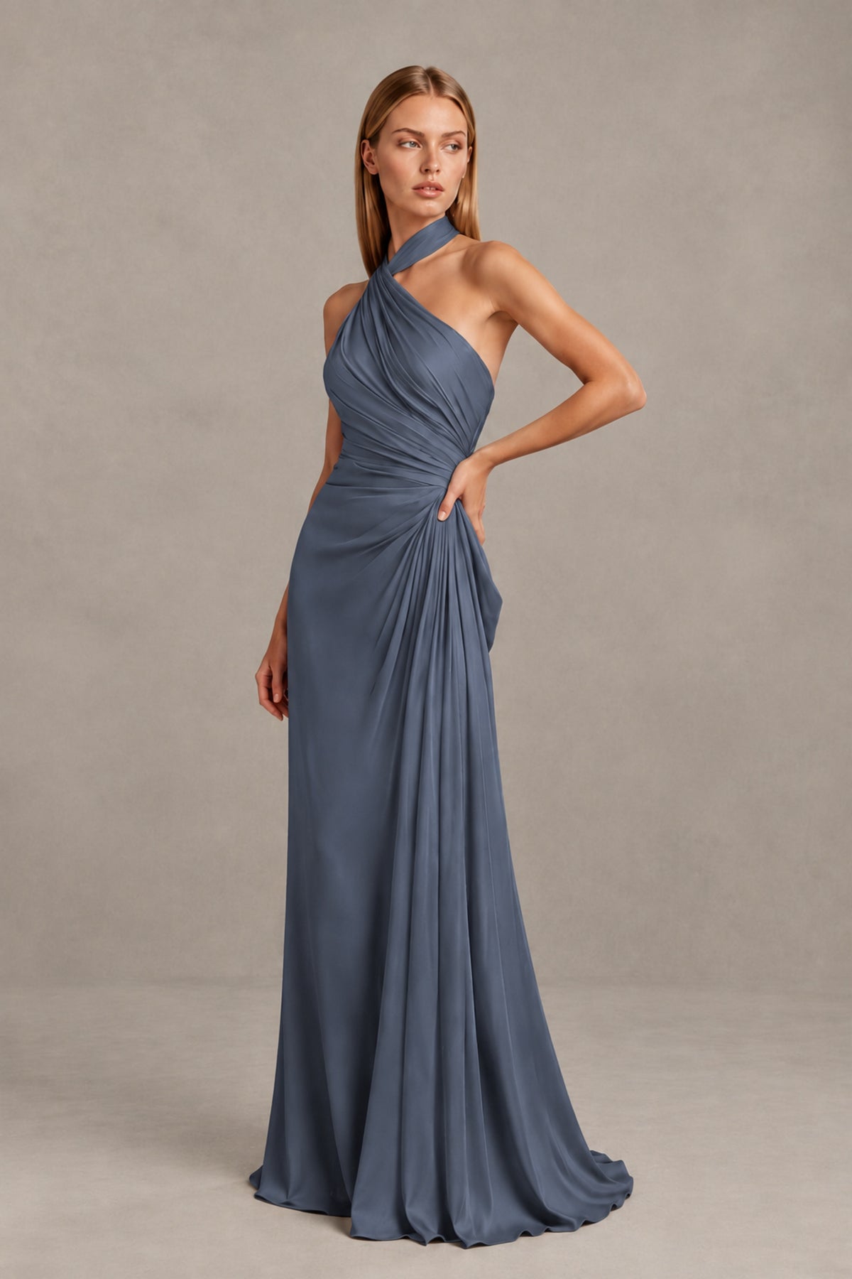 BOLODOO Stormy Blue Twisted Halter Neck Ruched Sleeveless Open Back Floor-Length Gown - Stormy Blue - Stormy_Blue_3