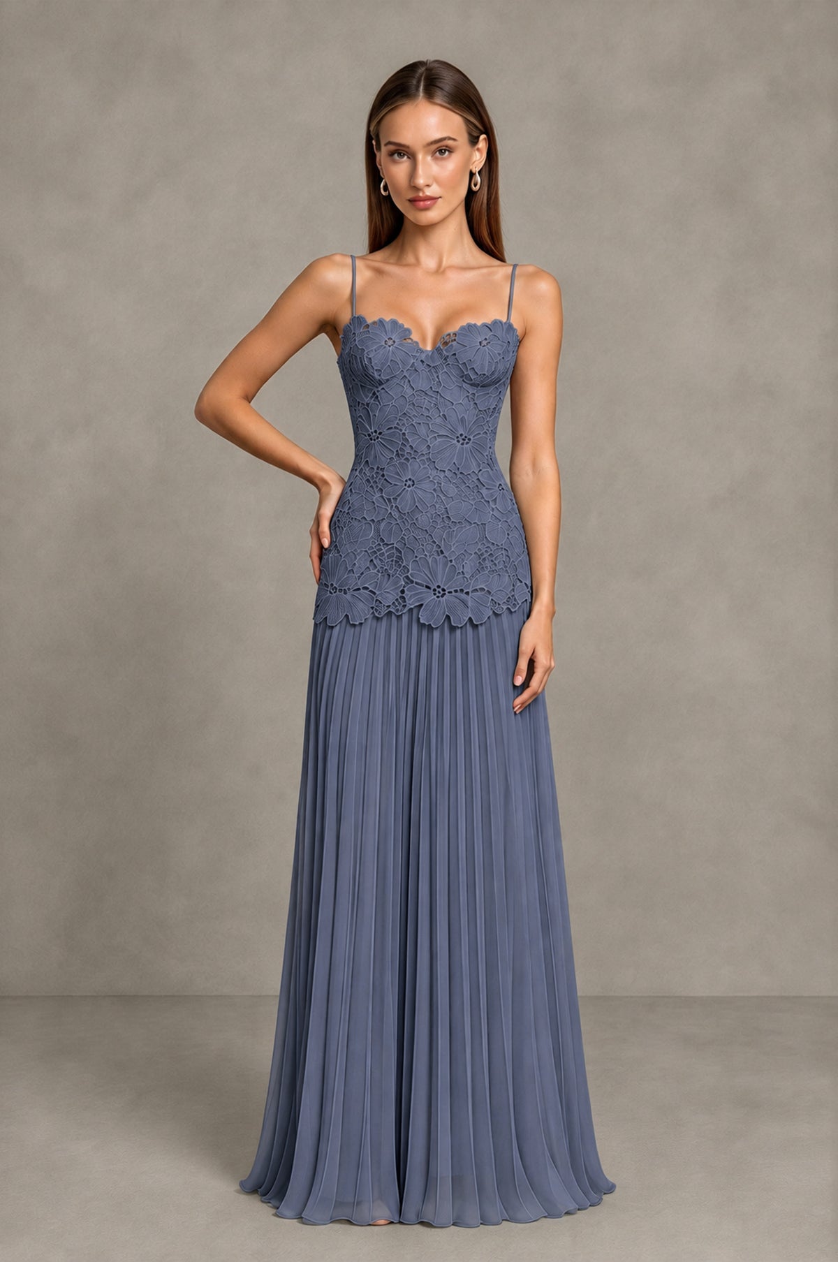BOLODOO Stormy Blue Lace Bodice Pleated Wedding Guest Dress - Stormy Blue - Stormy Blue_3