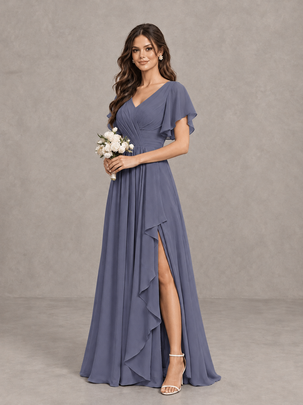 BOLODOO Stormy Blue Flutter Sleeve V-Neck Bridesmaid Dress with Ruffle Slit - Stormy Blue - Stormy Blue_3