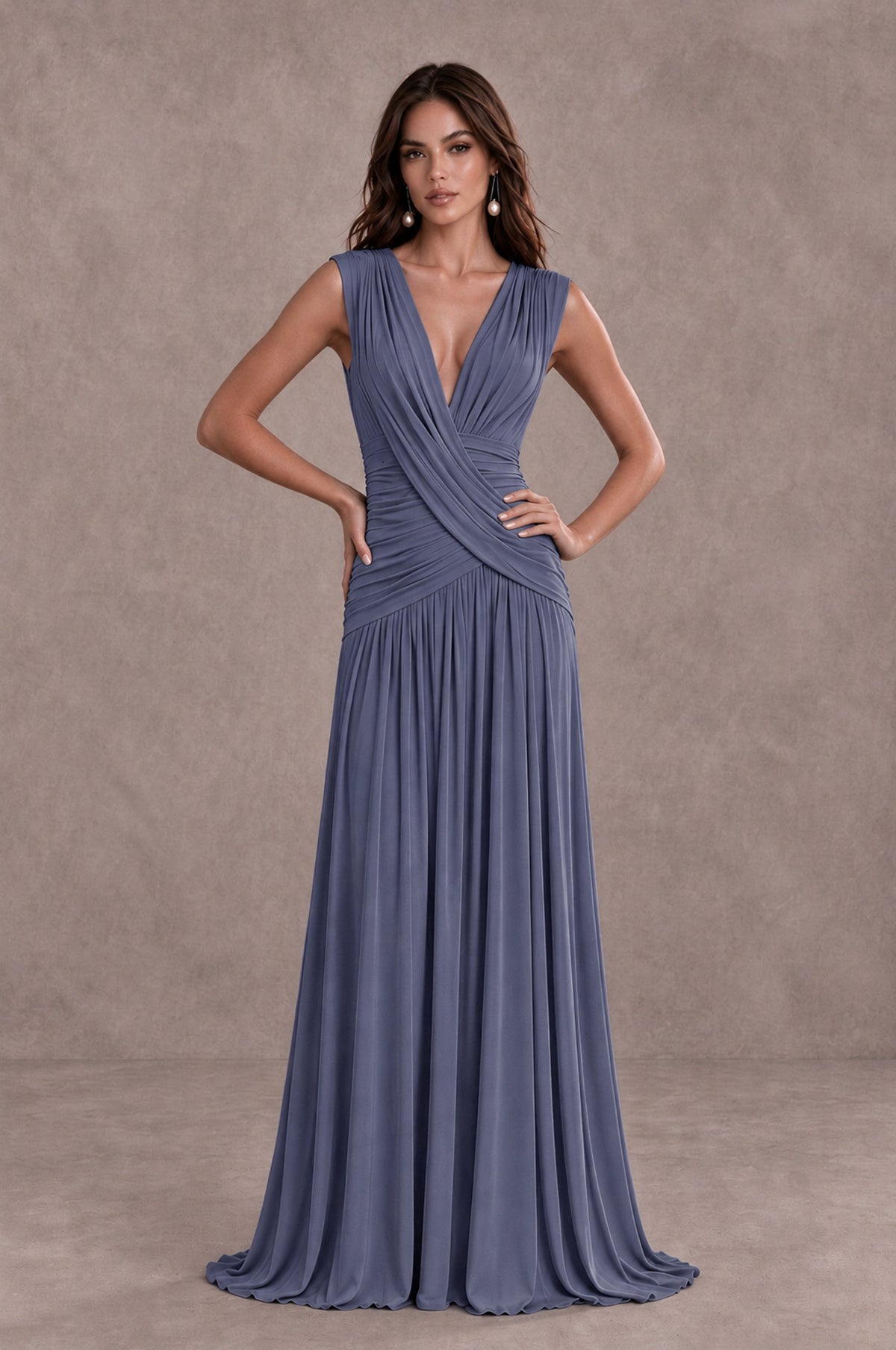 BOLODOO Stormy Blue V-Neck Ruched Wedding Guest Dress - Stormy Blue - Stormy Blue_3