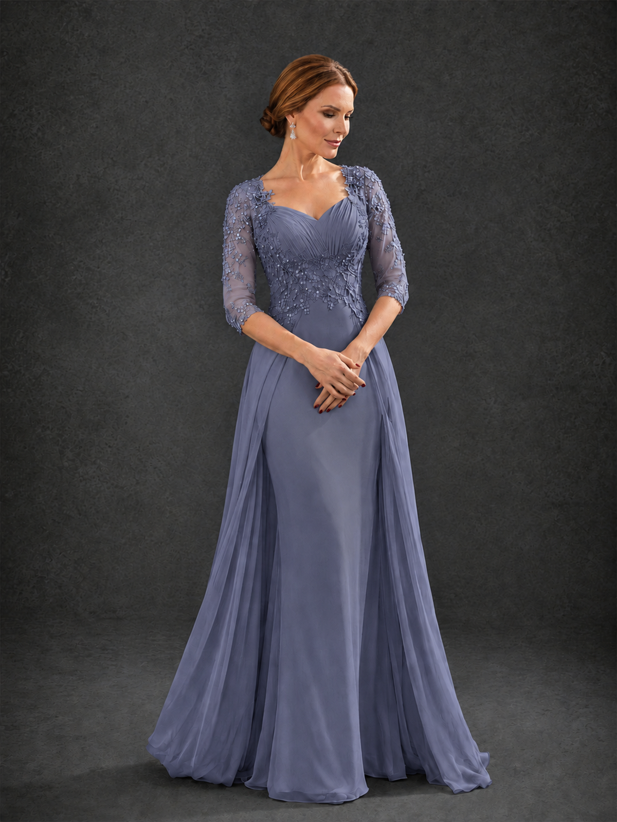 BOLODOO Stormy Blue Sweetheart Neck 3/4 Sleeve Floral Lace Illusion Bodice Chiffon A-Line Gown - Stormy Blue - Stormy Blue_3