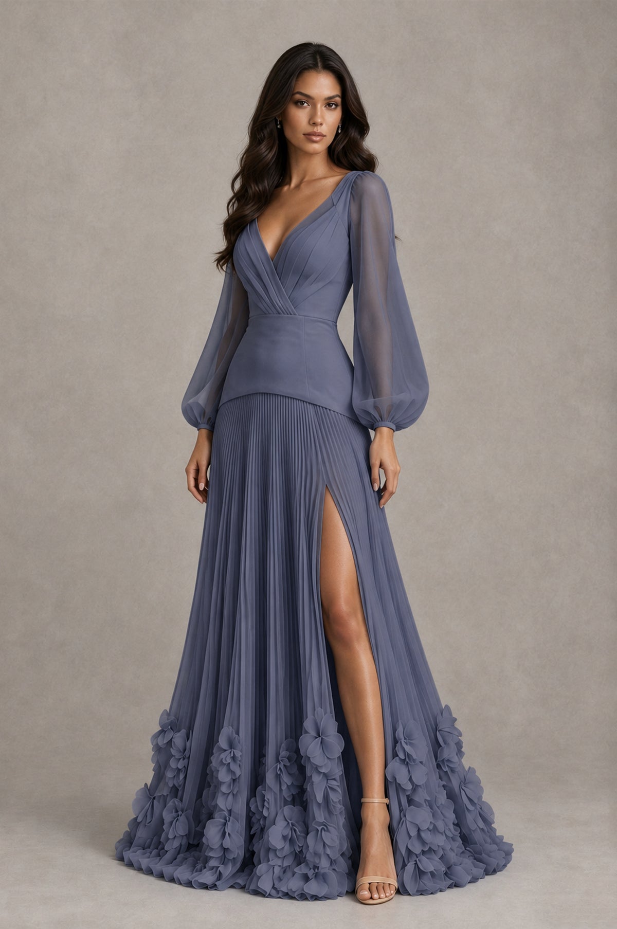 BOLODOO Stormy Blue V-Neck Long Sleeve Pleated Floral Hem Evening Dress - Stormy Blue - Stormy Blue_3