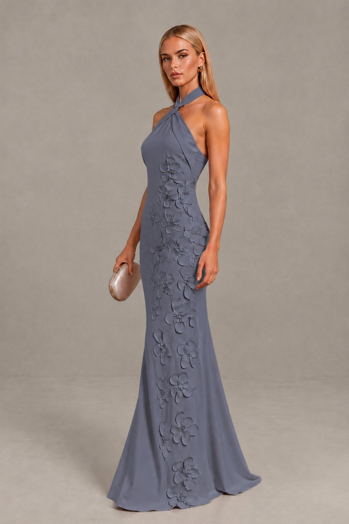BOLODOO Stormy Blue Cross Halter Neck 3D Floral Appliqué Backless Mermaid Maxi Gown - Stormy Blue - Stormy_Blue_3
