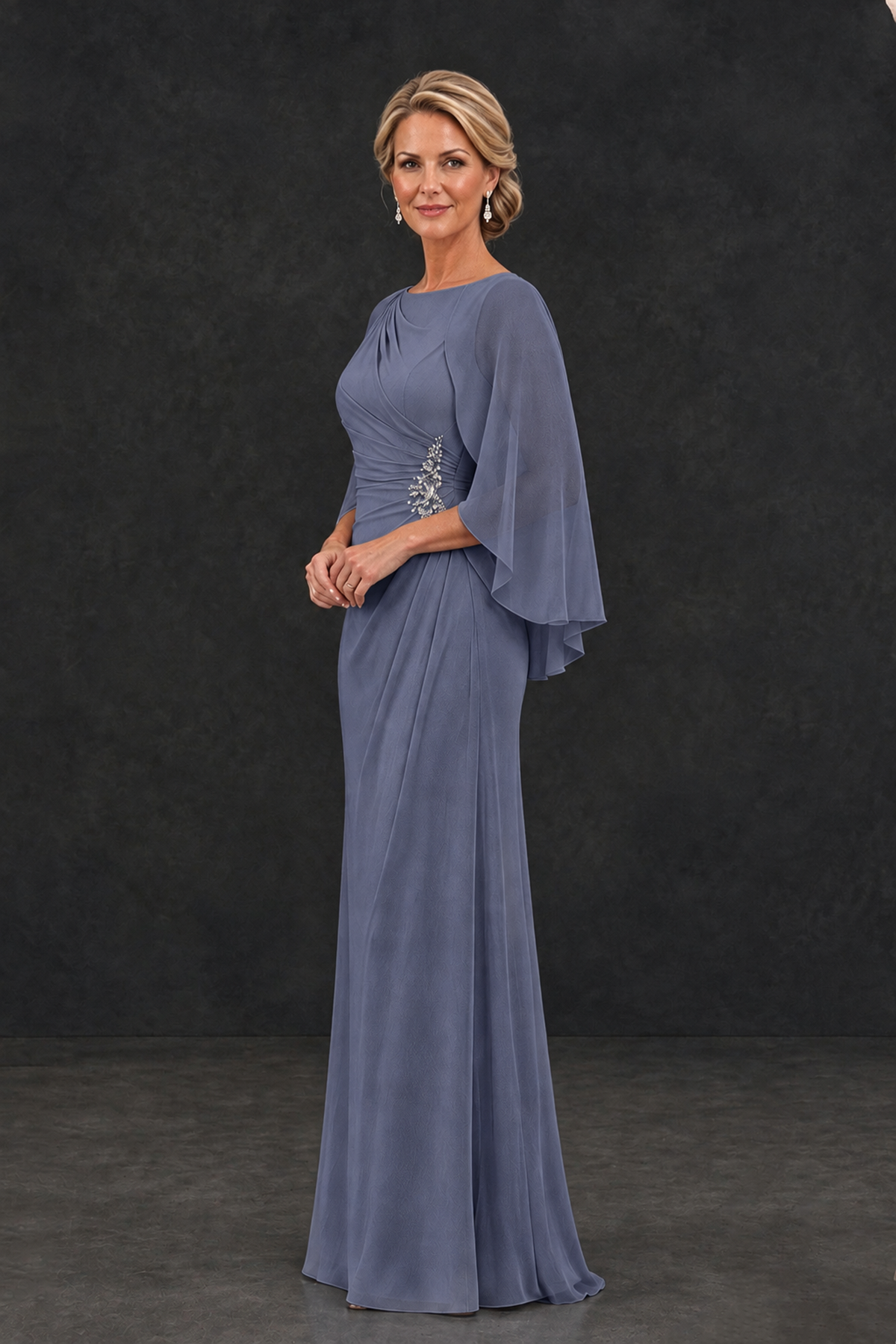 BOLODOO Stormy Blue Cape Sleeve Mother of the Bride Dress with Ruched Waist - Stormy Blue - Stormy Blue_3