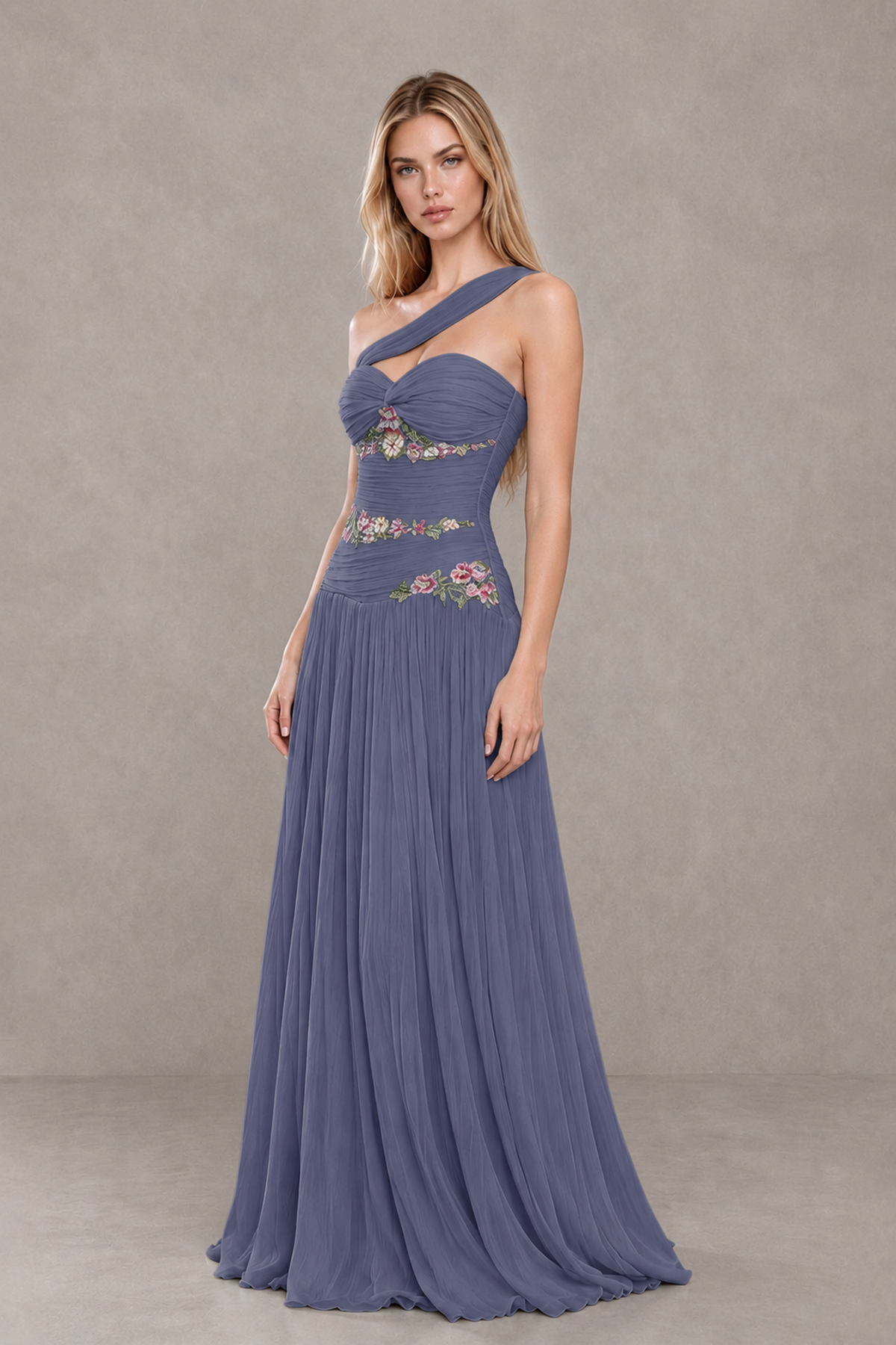BOLODOO Stormy Blue One-Shoulder Floral Applique A-Line Evening Dress - Stormy Blue - Stormy Blue_3