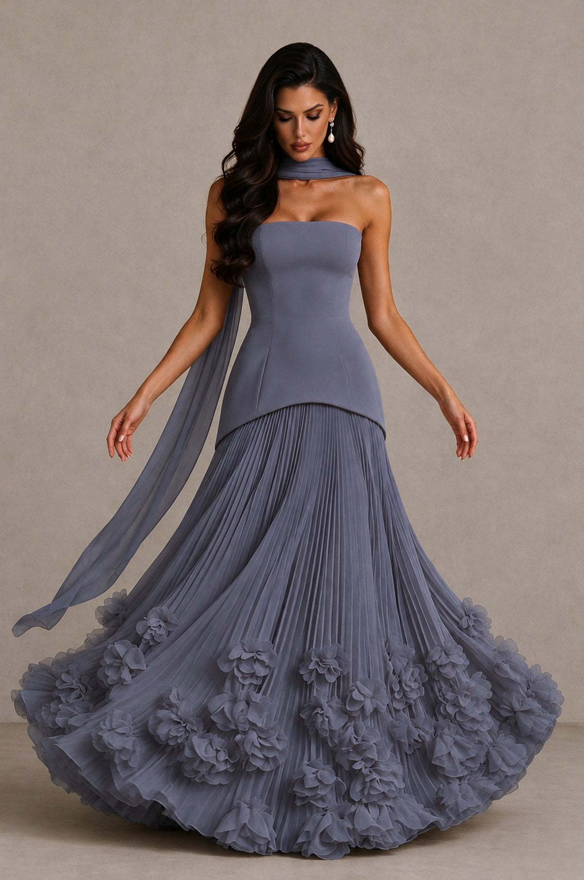 BOLODOO Stormy Blue Strapless Pleated Floral Hem Evening Gown - Stormy Blue - Stormy Blue_3