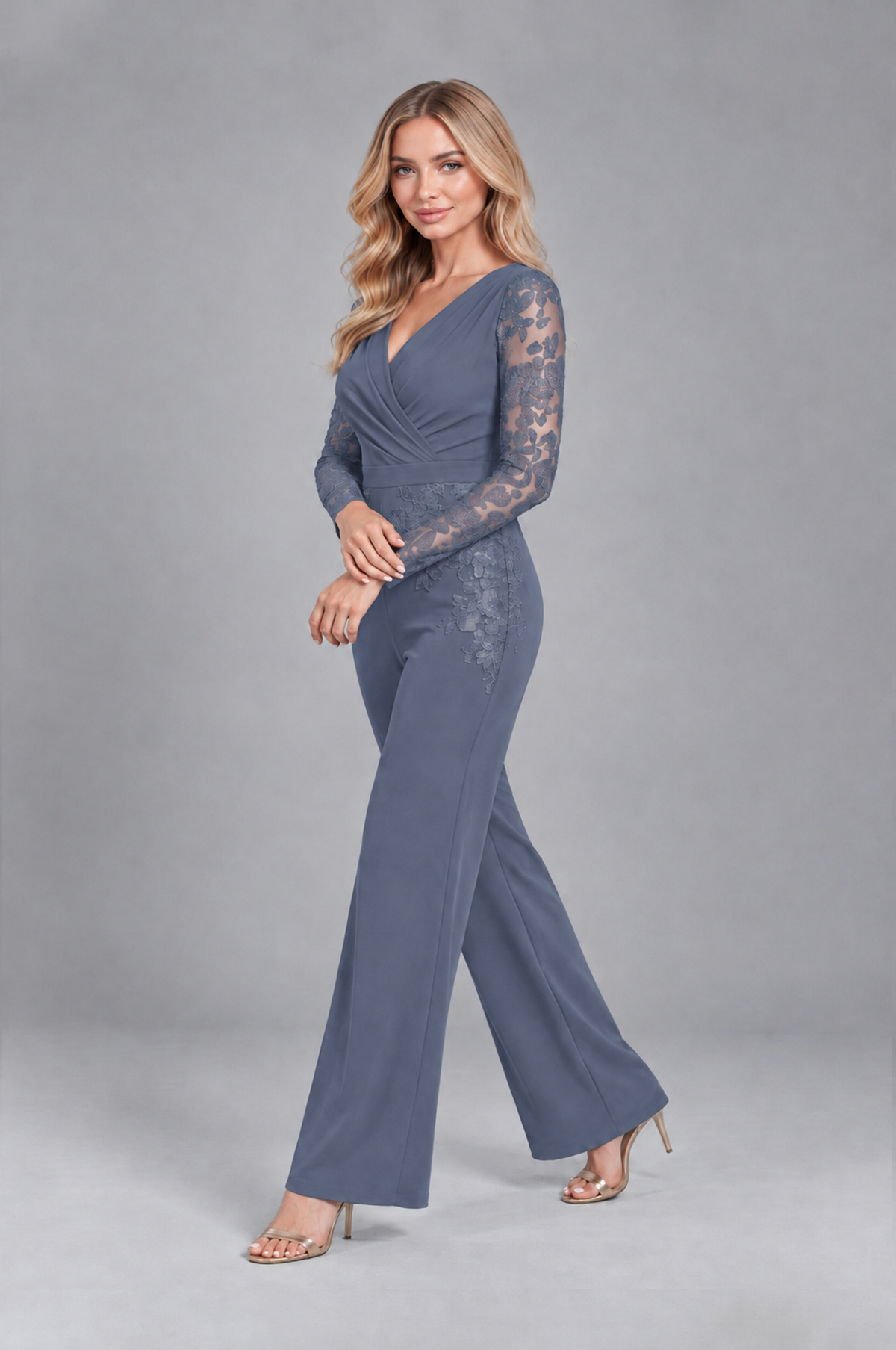 BOLODOO Stormy Blue Lace Long-Sleeve V-Neck Mother Pant Suit - Stormy Blue - Stormy Blue_3