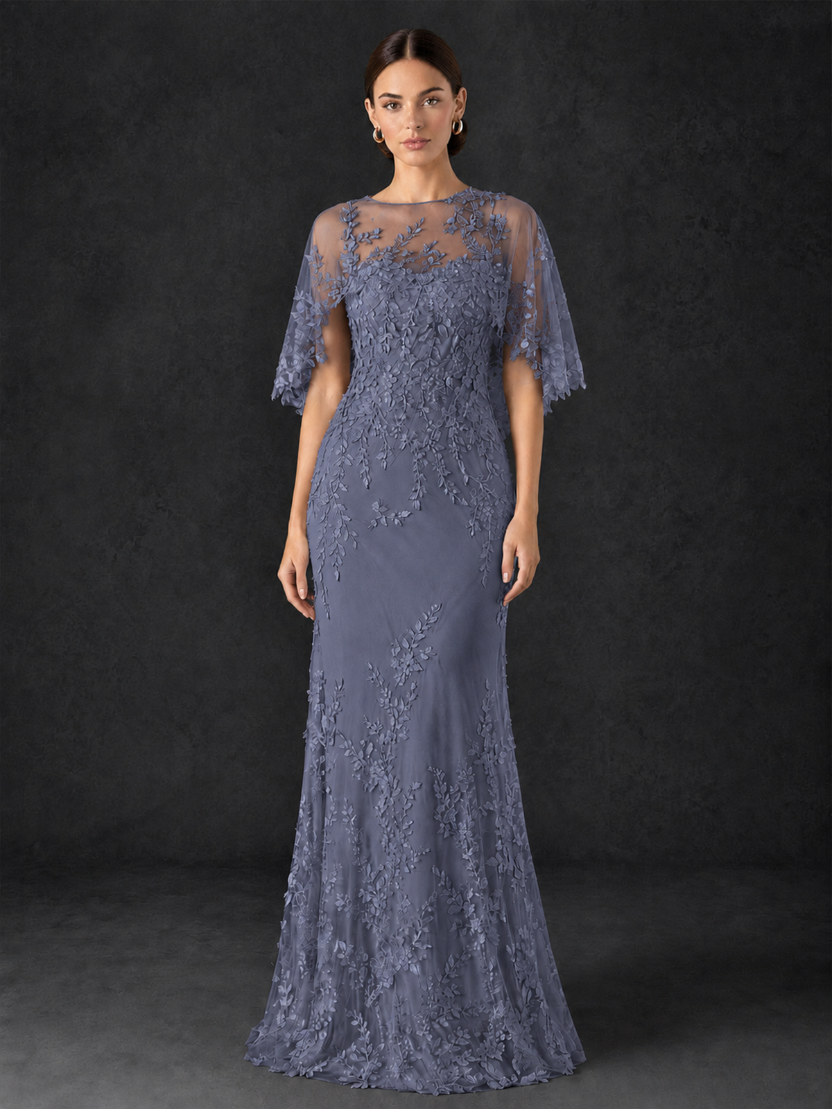 BOLODOO Stormy Blue Botanical Lace Flutter Sleeve Mermaid Gown - Stormy Blue - Stormy_Blue_3